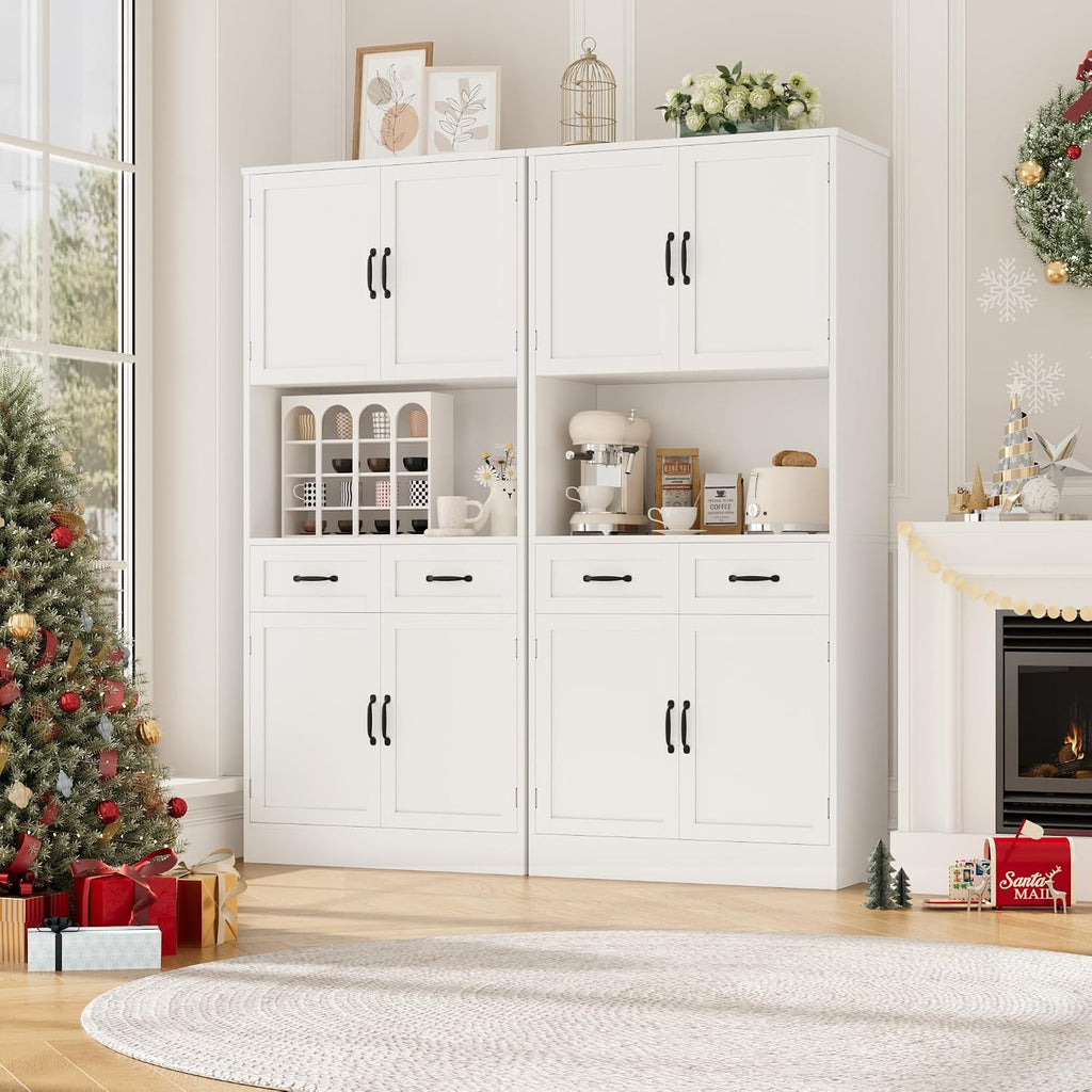 HOSTACK 71' Tall Kitchen Pantry Storage Cabinet, Modern Kitchen Hutch Bar Cabinet with Microwave Stand, Wood Buffet Sideboard with Hutch, Cupboard with Drawers, Shelves for Dining Room, White