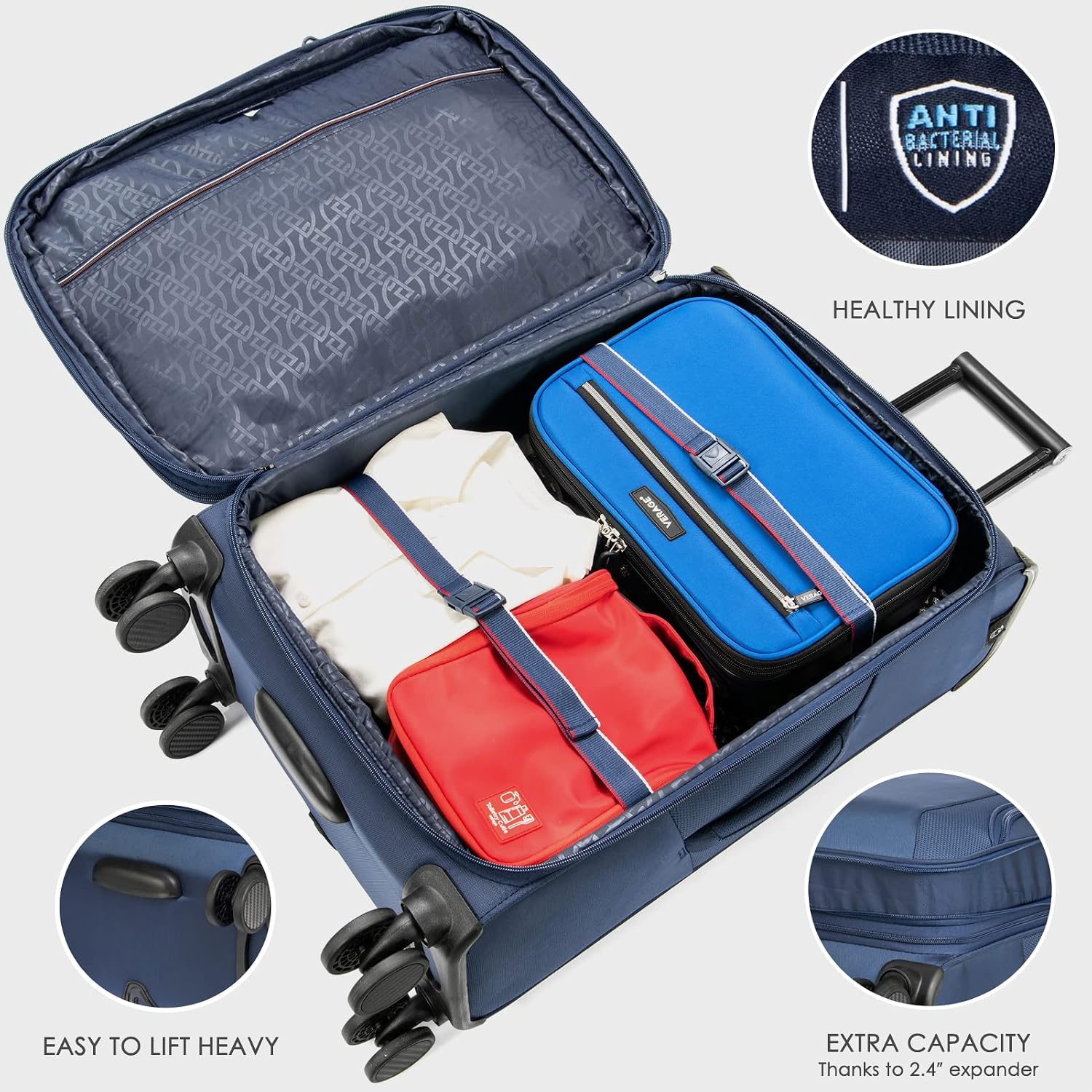 Verage Toledo Softside Expandable Suitcase with Spinner Wheels, Lightweight Luggage with Flashlight, Men and Women,Navy, Checked-Large 29-Inch