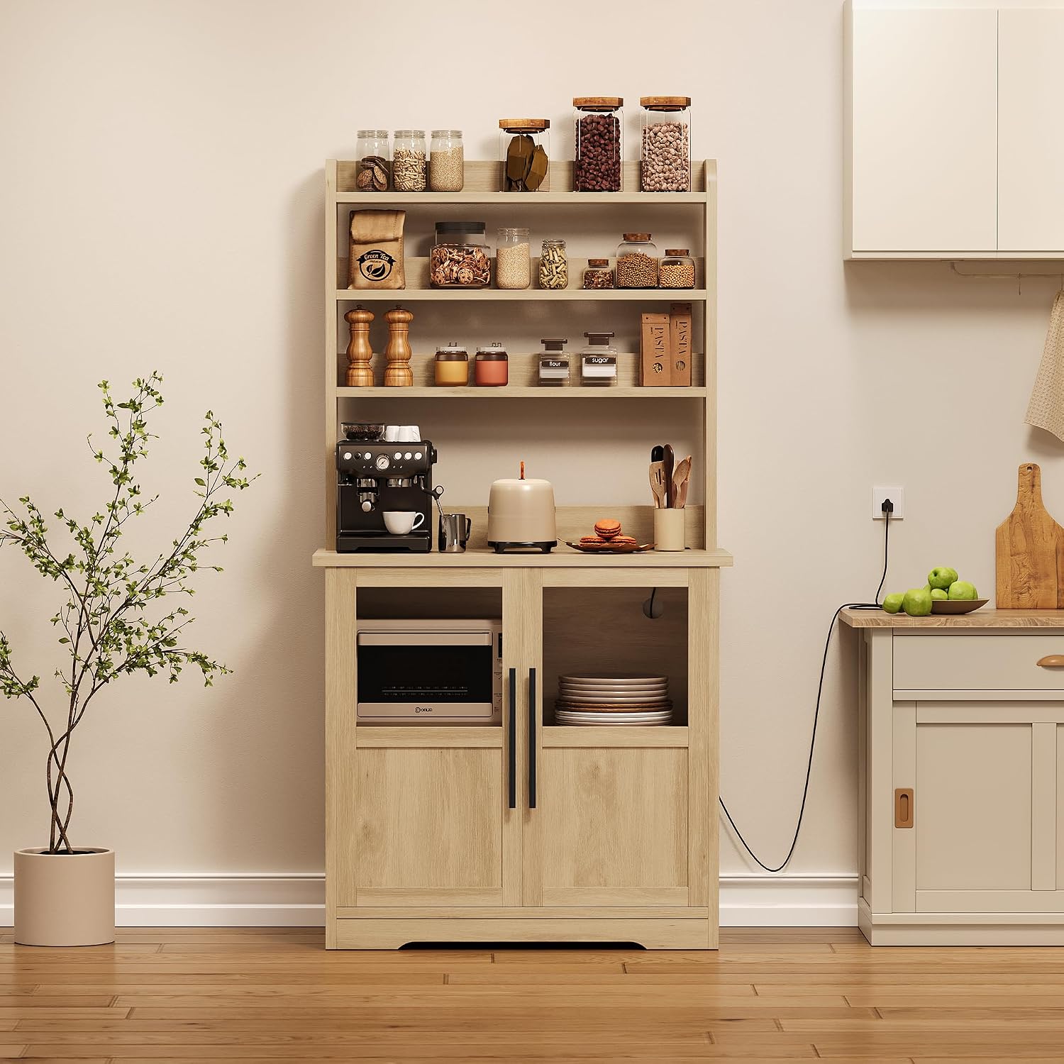 Farmhouse Bakers Rack with Charging Station & Glass Door Cabinet, Rustic Wood Microwave Stand Coffee Hutch for Kitchen, Living & Dining Room