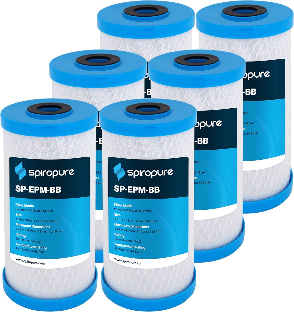 SpiroPure SP-EPM-BB 10x4.5 10 Micron NSF Certified Coconut Shell Carbon Block Water Filter Cartridge EPM-BB 155782-43 CB-45-1010 (Case of 6)