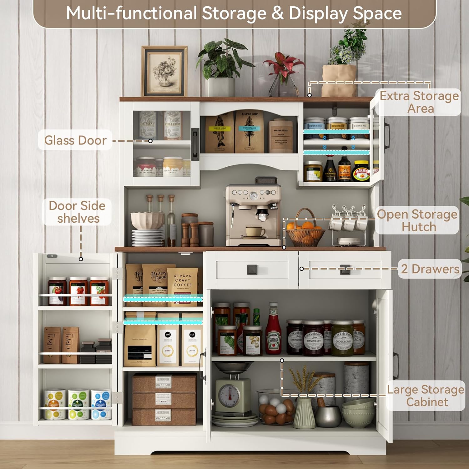 Gyfimoie 60' Tall Farmhouse Kitchen Pantry Storage Cabinet,Kitchen Hutch with Microwave Stand,Freestanding Buffet Pantry Cabinet with Glass Door and Adjustable Shelves for Dining Room (White)