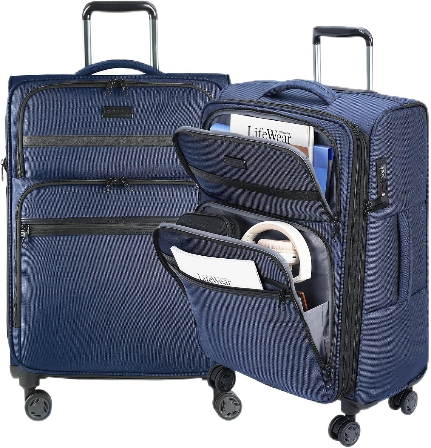 KROSER Softside Expandable checked Luggage with Front Business Pockets，24 Inch Suitcases with Spinner Wheels & Built-in TSA Lock, Durable Suitcase Rolling Luggage, Navy