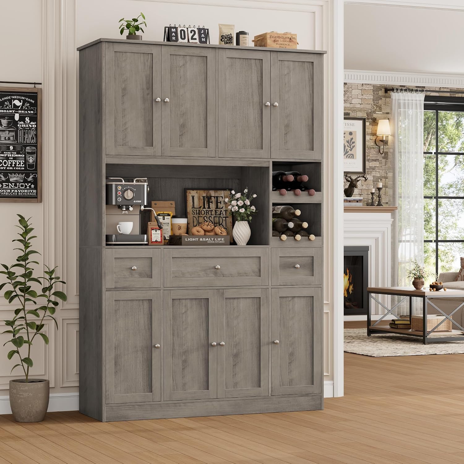BOTLOG Pantry Organizers and Storage Cabinet, 72' Tall Kitchen Pantry Storage Cabinet with Microwave Stand, Wine Rack, Drawers and Adjustable Shelf for Dining Room, Living Room, Home BarAsh Grey