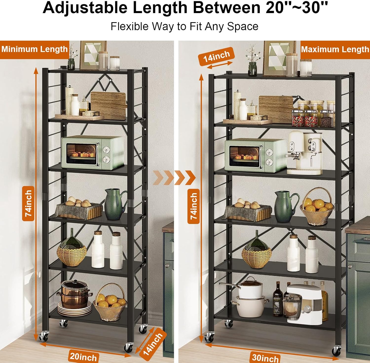 Himix 6 Tier Foldable Storage Shelves, Expandable Folding Bookshelf with Wheels, Changeable into 2 Shelf Units, Collapsible Adjustable Storage Rack Metal Shelves for Garage, Kitchen, Black