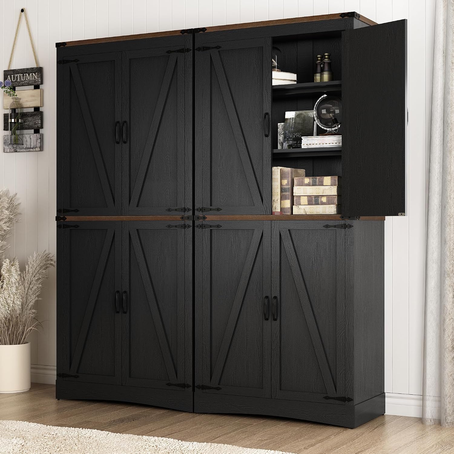Hlivelood 71' Tall Kitchen Pantry,Farmhouse Storage Cabinet with Adjustable Shelves,Load-Bearing Steel Pipe,Farmhouse Pantry Cabinet with 4 Barn Doors,for Kitchen,Dining Room,Living Room(Black)