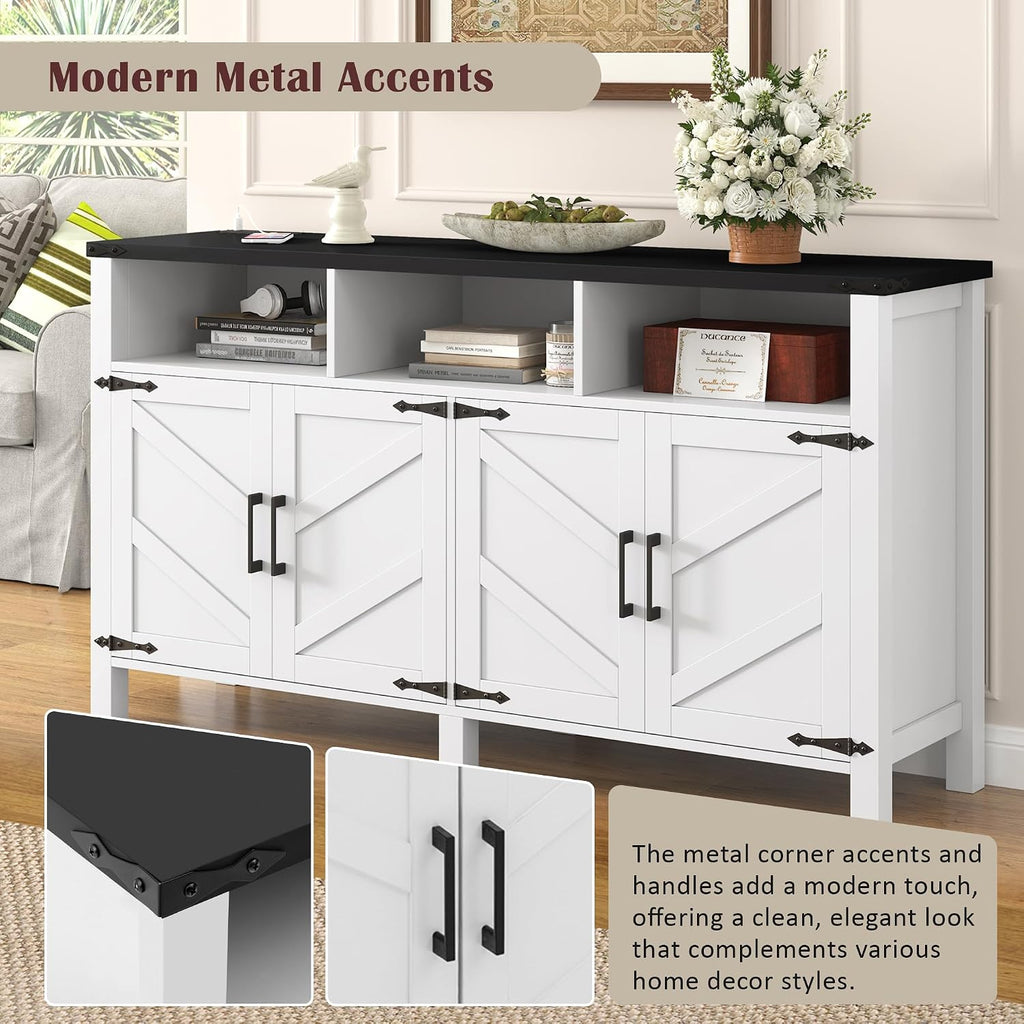 59' Modern Freestanding Storage Cabinet, Kitchen Storage Bakers Rack with Power Outlets, Utility Food Cupboard with Adjustable Shelves for Dining Room Living Room, White+Black