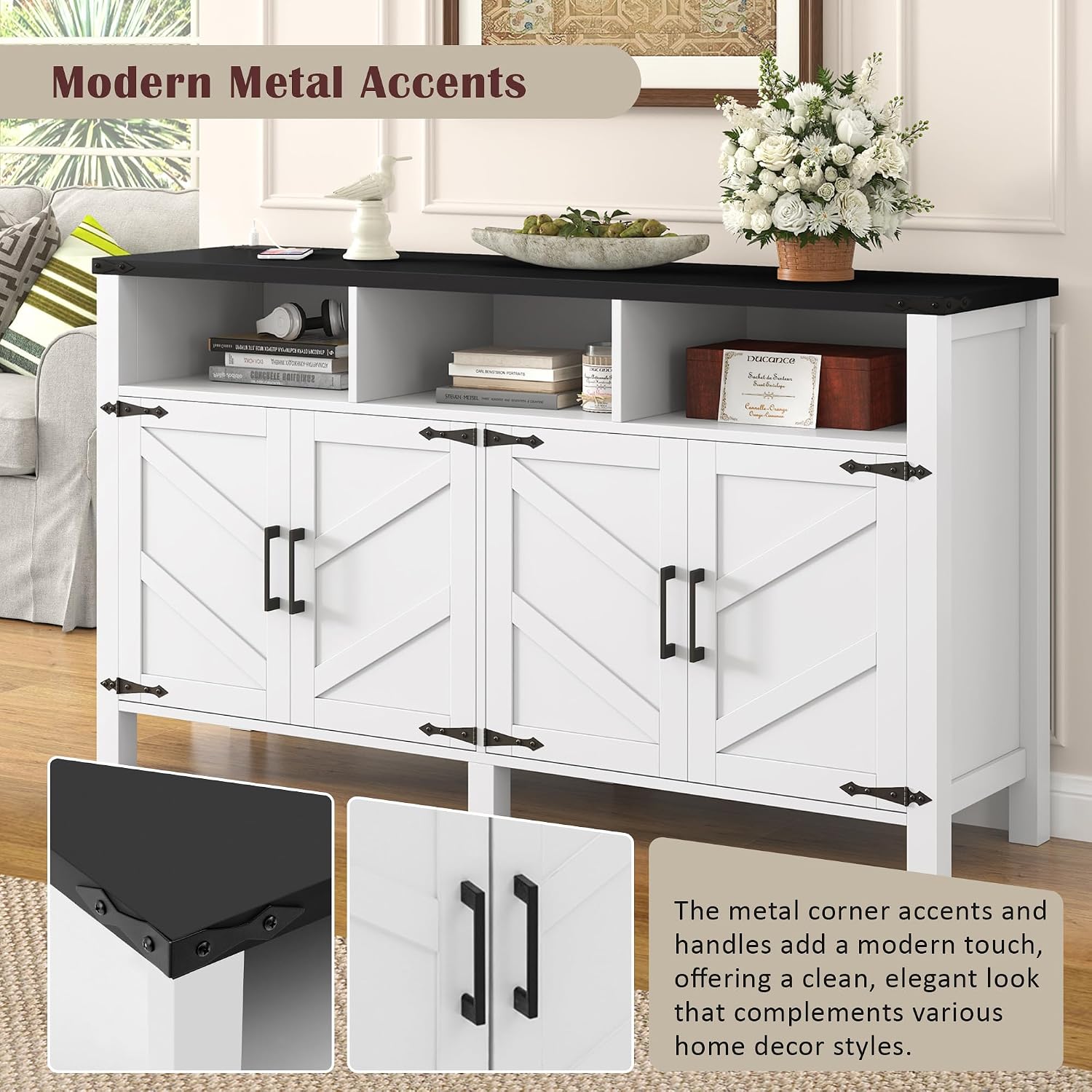 59' Modern Freestanding Storage Cabinet, Kitchen Storage Bakers Rack with Power Outlets, Utility Food Cupboard with Adjustable Shelves for Dining Room Living Room, White+Black