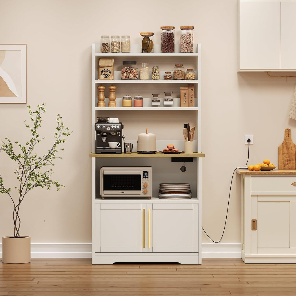 Farmhouse Bakers Rack with Power Outlets & Adjustable Shelf, Microwave Stand with Storage Cabinet - Kitchen Hutch, Coffee Bar Cabinet for Pantry Organization, Spices, Dishes & Cookware (White)