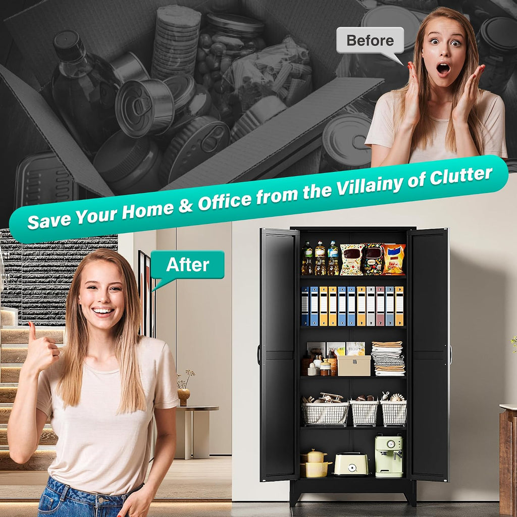 SISESOL 75' Tall Pantry Cabinet,Farmhouse Kitchen Pantry Storage Cabinets with 2 Doors and 4 Shelves,Black Metal Storage Cabinet,Large Cupboard for Home,Kitchen,Dining/Living Room