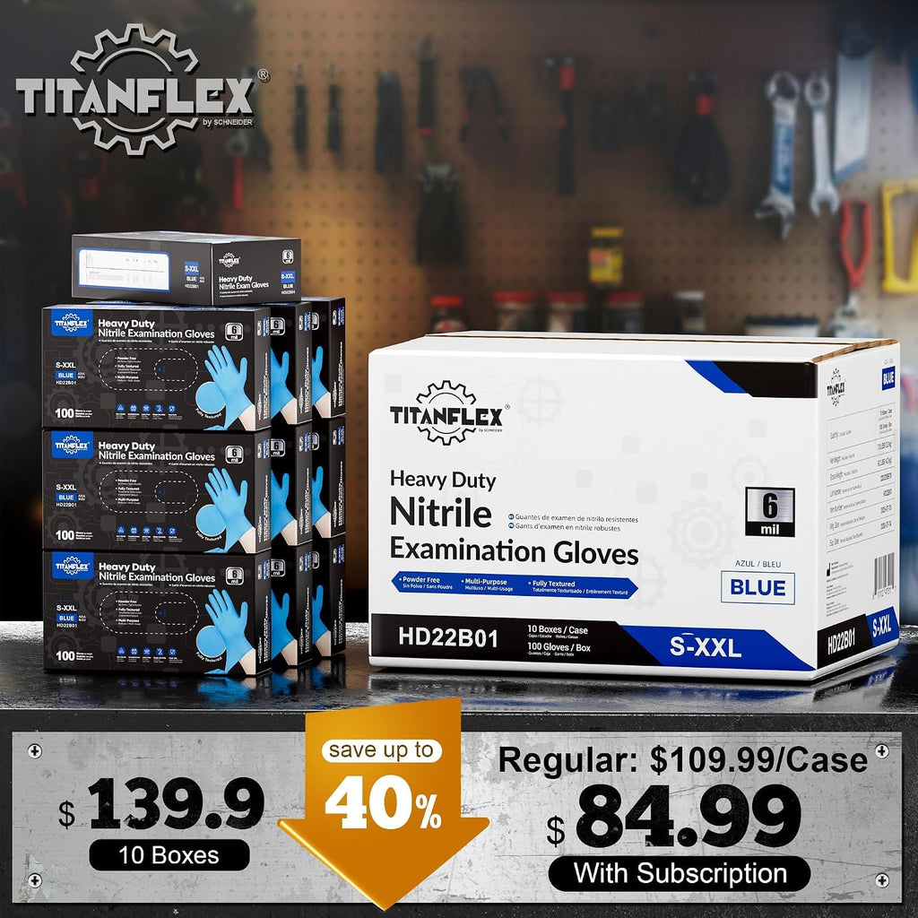 TitanFlex Heavy-Duty Blue Nitrile Gloves, 6-mil, Fully Textured, Mechanic Disposable Gloves, Powder-Free, Latex-Free