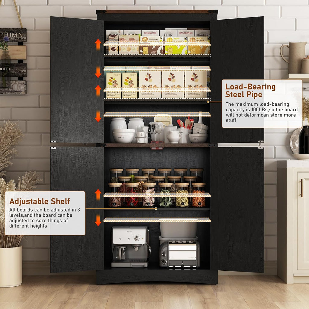 Hlivelood 71' Tall Kitchen Pantry,Farmhouse Storage Cabinet with Adjustable Shelves,Load-Bearing Steel Pipe,Farmhouse Pantry Cabinet with 4 Barn Doors,for Kitchen,Dining Room,Living Room(Black)