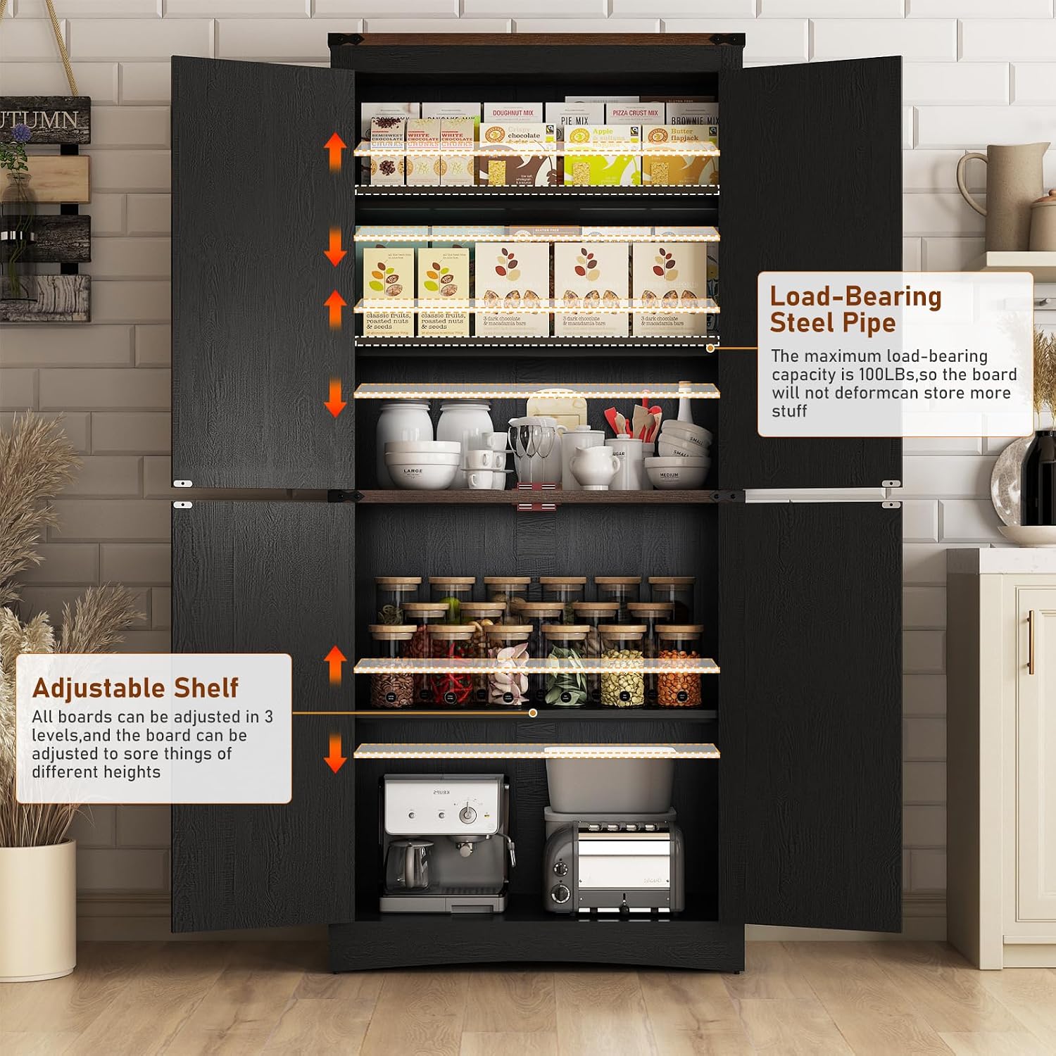Hlivelood 71' Tall Kitchen Pantry,Farmhouse Storage Cabinet with Adjustable Shelves,Load-Bearing Steel Pipe,Farmhouse Pantry Cabinet with 4 Barn Doors,for Kitchen,Dining Room,Living Room(Black)