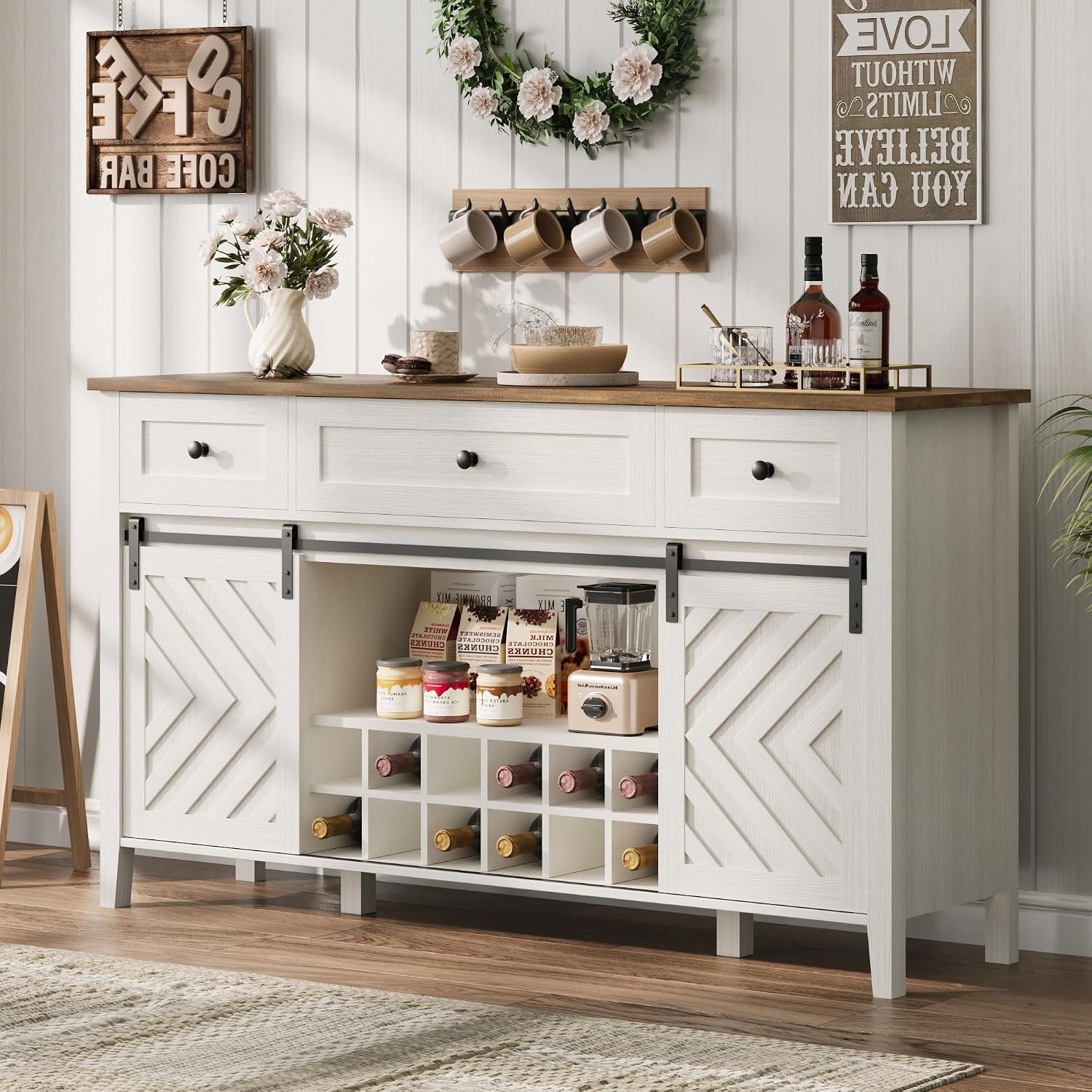 CABIHOME Farmhouse 47.2'' Buffet Cabinet with Sliding Barn Door, 33.4'' Tall Wood Rustic Sideboard with 3 Drawer, Adjustable Shelf and Removable Wine Rack (White, 59'')