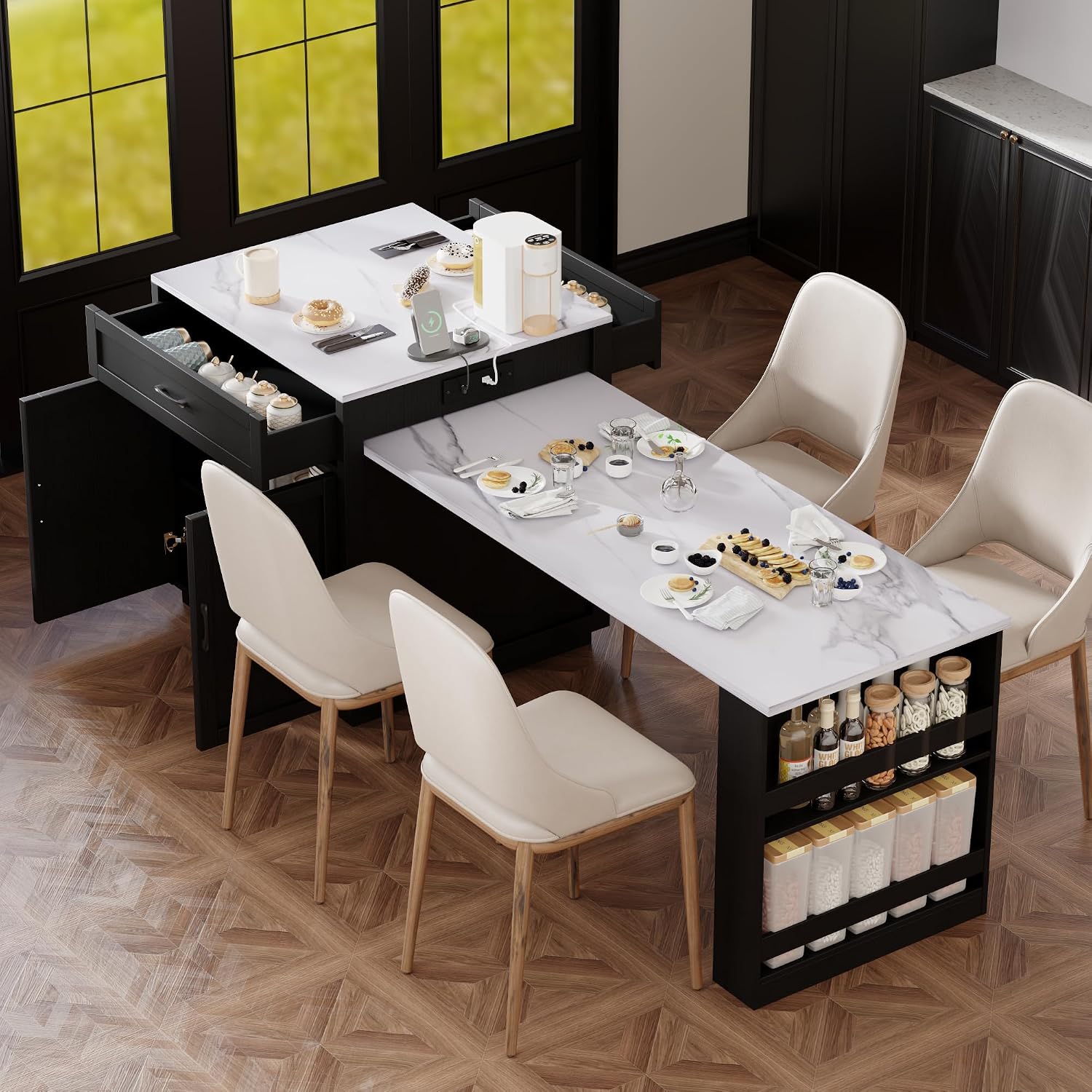 82.7 inches Kitchen Island with Extendable Table, Faux Mable Table with Double-Sized Storage, Power Outlet, 2 Drawers, 2 Side Open Shelves for Kitchen, Dining Room for 4-6 Person, Black