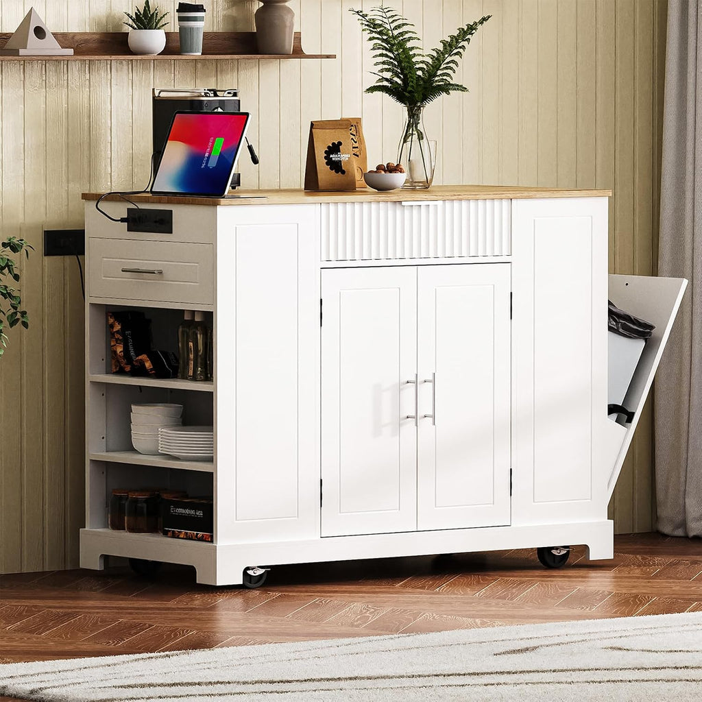Fluted Kitchen Island with Trash Can Storage Cabinet, Kitchen Island Cart with 3 Drawer, 3 Open Side Racks for 10 Gallon Garbage Bin, Rolling Island with Power Outlet&Internal Storage Rack, White