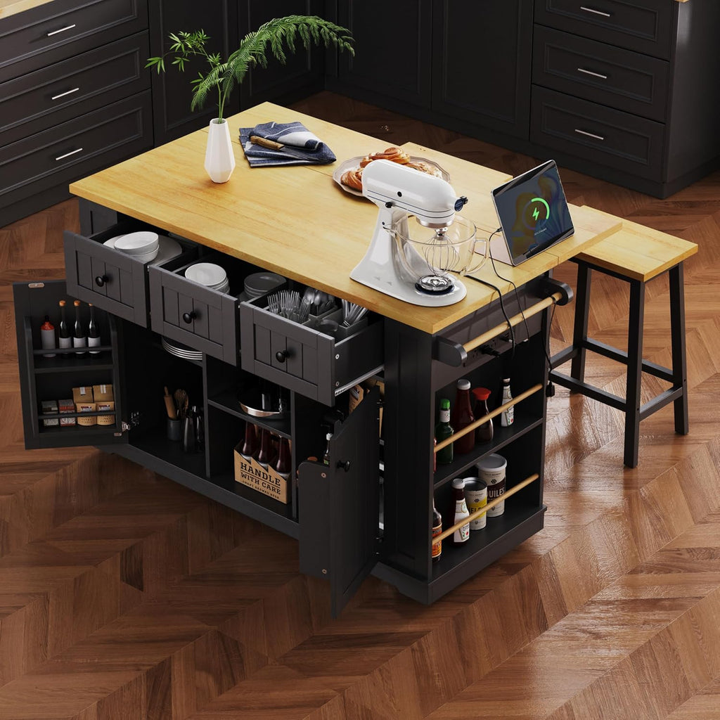 Large Kitchen Island Cart on 5 Wheels with 2 Bar Stools, Power Outlet, 3 Drawers, Kitchen Storage Cart with 5 Open Side Racks, Drop Leaf for Kitchen, Dining Room, Home Bar Black