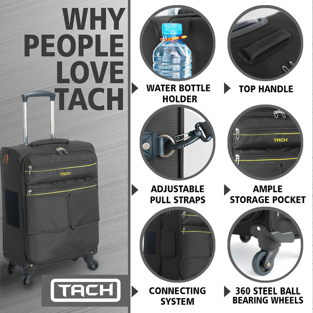 Tach LITE Soft Connectable Carry On Luggage 22x14x9 | Carry on Luggage with Spinner Wheels & Patented Built-In Connecting System | One Piece Rolling Suitcase Links 6 Bags At Once (Black)