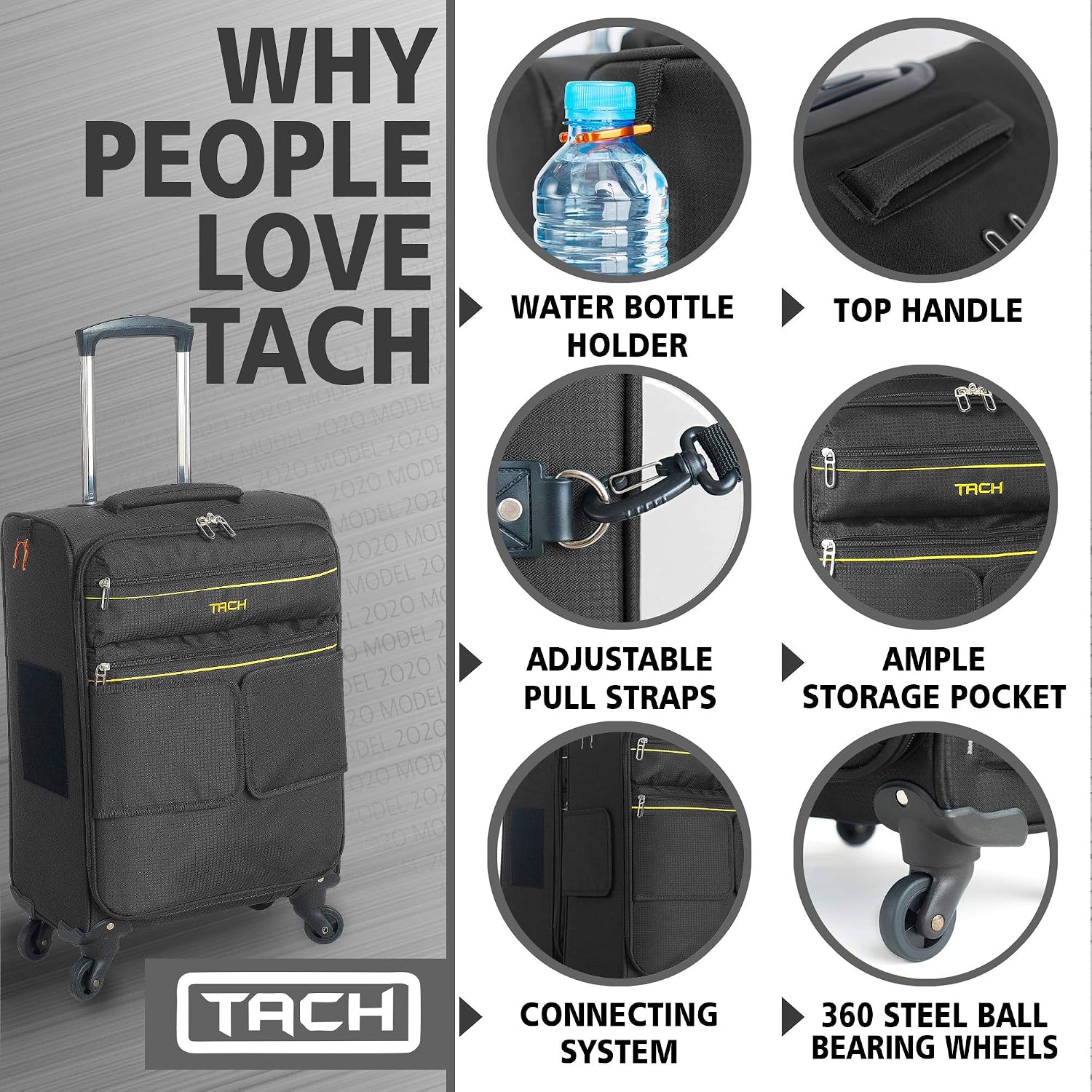 Tach LITE Soft Connectable Carry On Luggage 22x14x9 | Carry on Luggage with Spinner Wheels & Patented Built-In Connecting System | One Piece Rolling Suitcase Links 6 Bags At Once (Black)