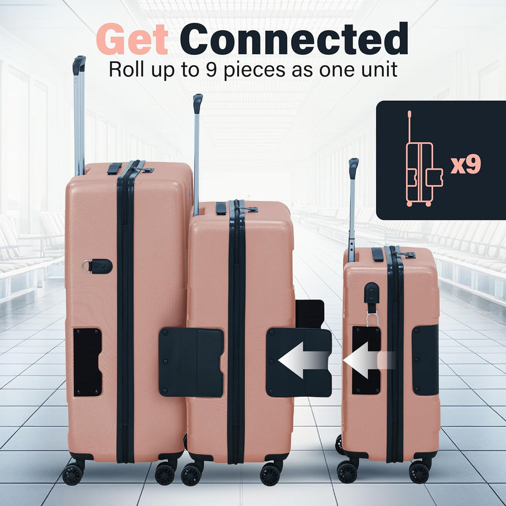 TACH Patented Connecting Hard Shell 3 Piece Luggage Set - 20, 24 & 28 inch Luggage | Carry-On, Medium & Large Rolling Suitcases - Pink