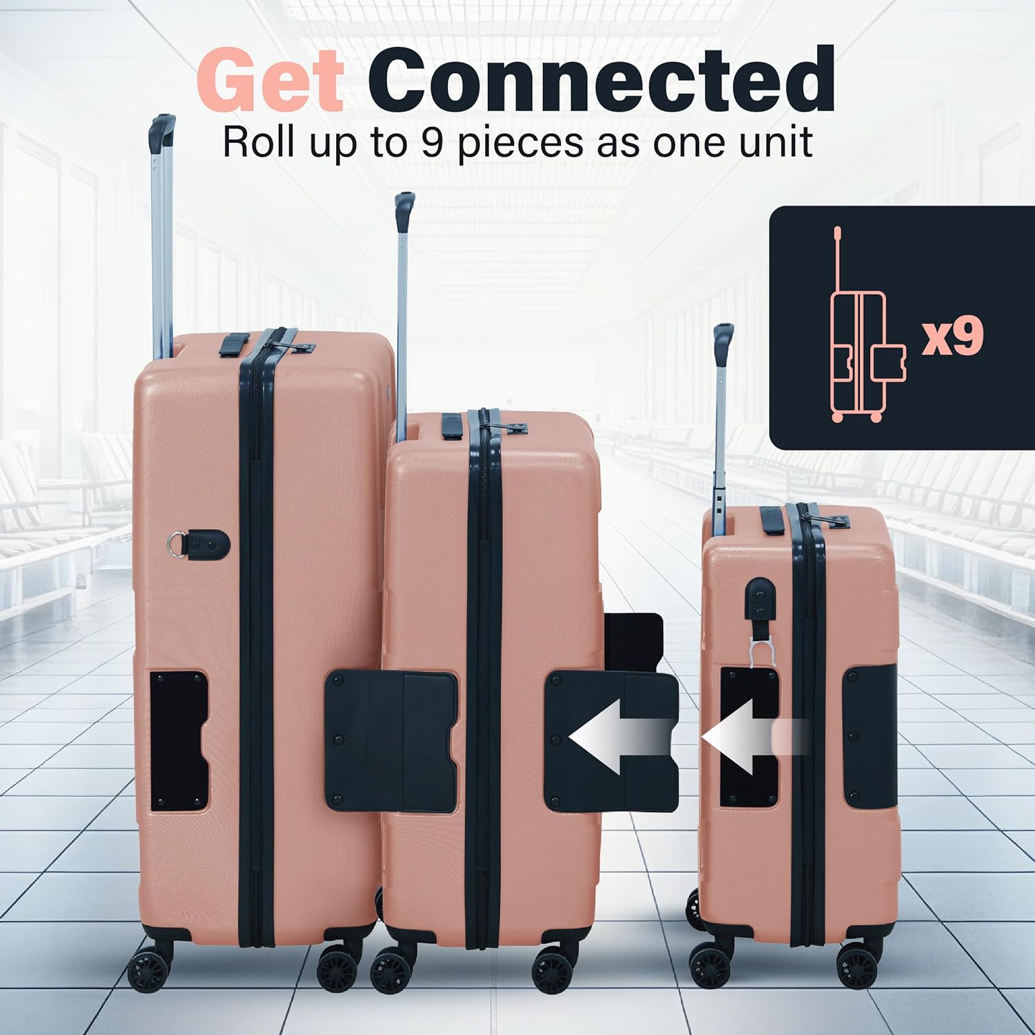 TACH Patented Connecting Hard Shell 3 Piece Luggage Set - 20, 24 & 28 inch Luggage | Carry-On, Medium & Large Rolling Suitcases - Pink