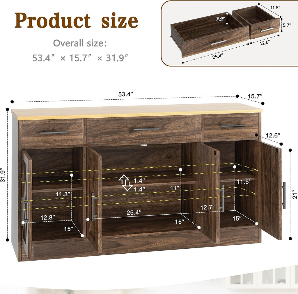 Vongrasig Buffet Cabinet with Drawers, 53' Large Sideboard Buffet Kitchen Storage Cabinet, Modern Farmhouse Coffee Bar with Shelves and Doors, Wood Buffet Table for Kitchen, Dining Room, Rustic Brown