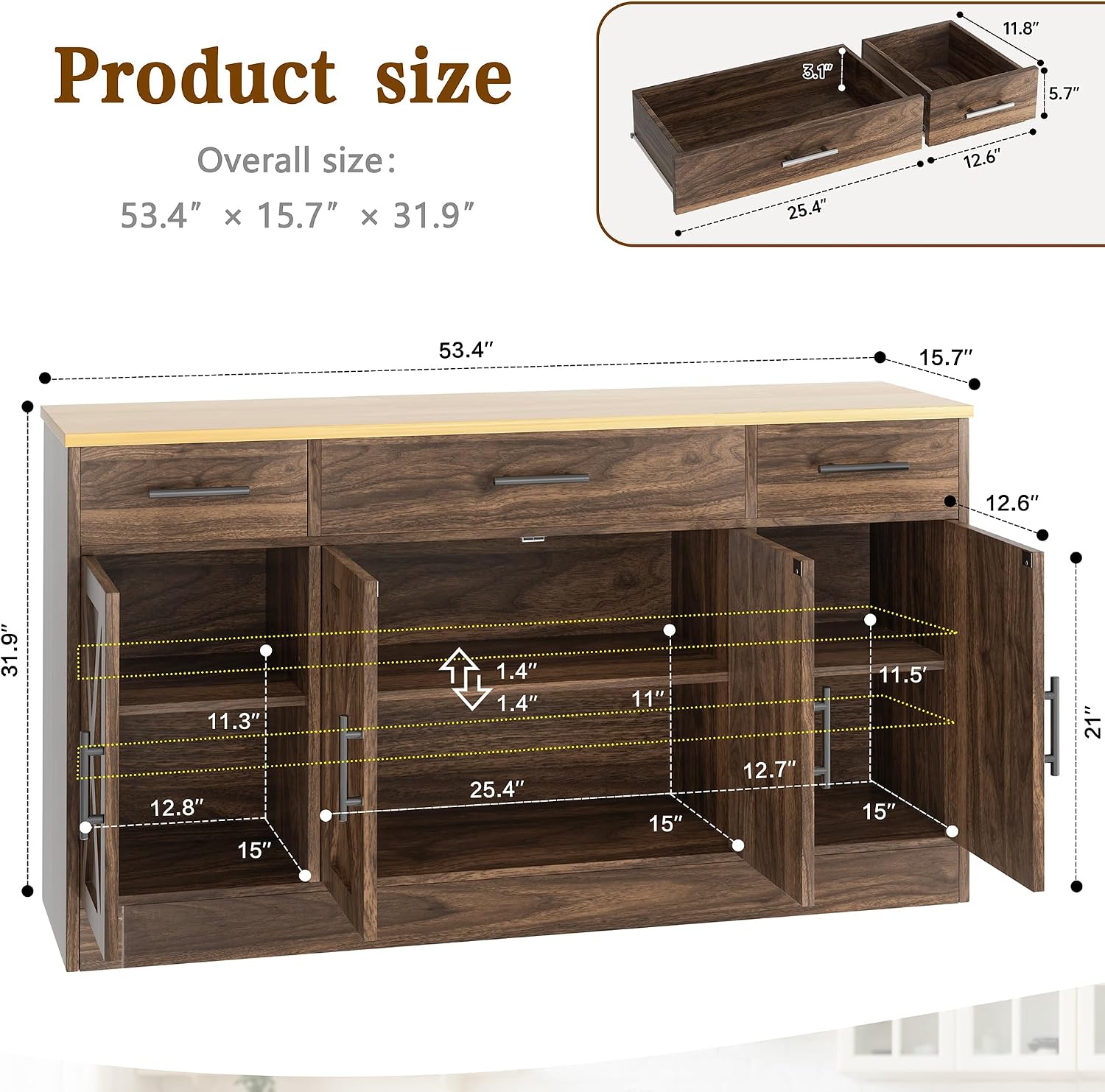 Vongrasig Buffet Cabinet with Drawers, 53' Large Sideboard Buffet Kitchen Storage Cabinet, Modern Farmhouse Coffee Bar with Shelves and Doors, Wood Buffet Table for Kitchen, Dining Room, Rustic Brown