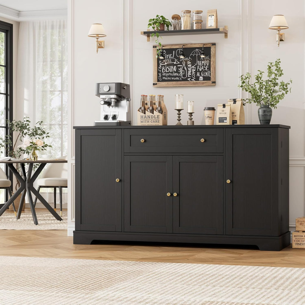 HITHOS 54' Buffet Cabinet with Storage, Modern Kitchen Buffet Sideboard with Drawer, Wood Coffee Bar with Adjustable Shelves, Kitchen Storage Cabinet for Living Room, Black