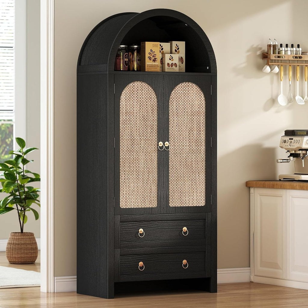 71' Arched Cabinet Kitchen Pantry Cabinet with Rattan Doors, Storage Cabinet with Drawers & Height Adjustable Shelves, Hutch Cabinets with Storage, Tall Arch Bookcase for Dining Room Kitchen, Black