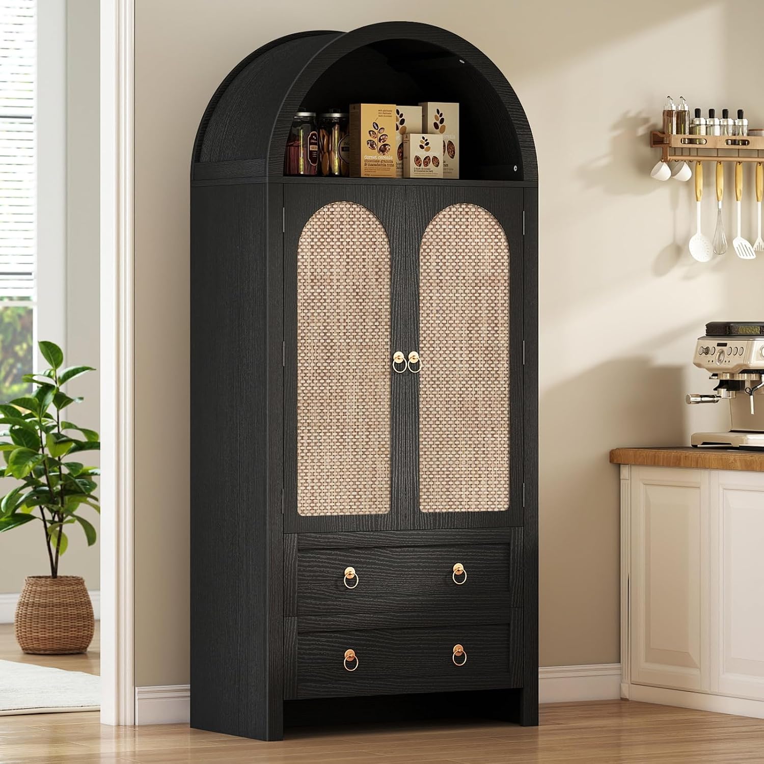 71' Arched Cabinet Kitchen Pantry Cabinet with Rattan Doors, Storage Cabinet with Drawers & Height Adjustable Shelves, Hutch Cabinets with Storage, Tall Arch Bookcase for Dining Room Kitchen, Black