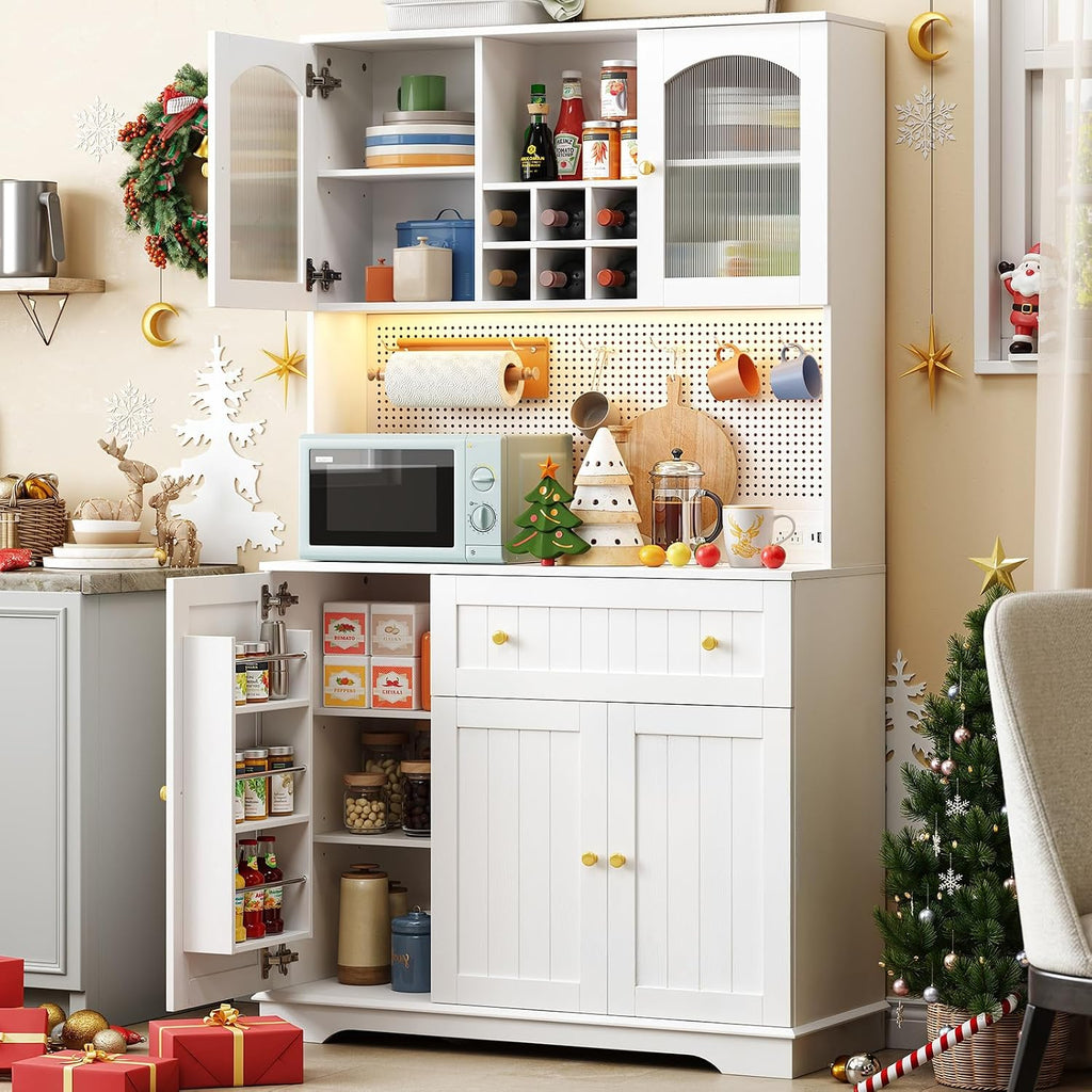ONBRILL 71' Pantry Storage Cabinet with Microwave Shelf & Door Shelves, Kitchen Wood Pantry with Outlet & LED Light, Kitchen Hutch with DIY Pegboard & 6 Hook, Modern Cabinet with Drawer & Wine Rack