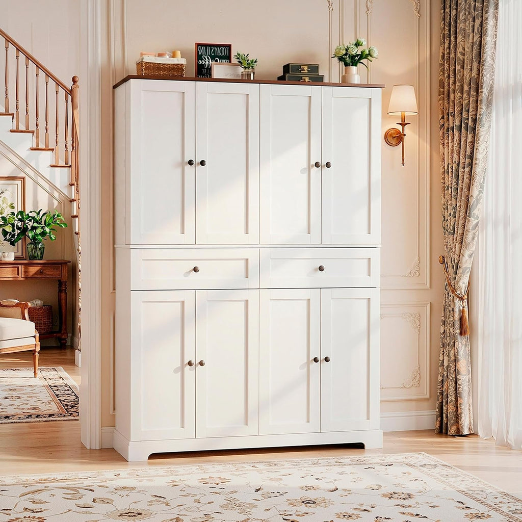 HUAHUU 71' Kitchen Pantry Cabinet with 6 Door Shelves, Tall Pantry Storage Cabinet with 8 Doors & 4 Adjustable Shelves, Modern Kitchen Pantry with 2 Large Drawers for Dining Room, Living Room, White