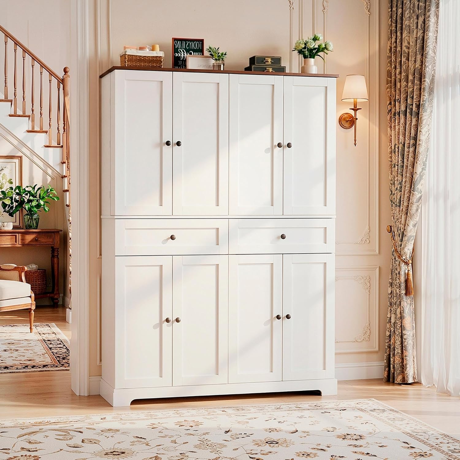 HUAHUU 71' Kitchen Pantry Cabinet with 6 Door Shelves, Tall Pantry Storage Cabinet with 8 Doors & 4 Adjustable Shelves, Modern Kitchen Pantry with 2 Large Drawers for Dining Room, Living Room, White