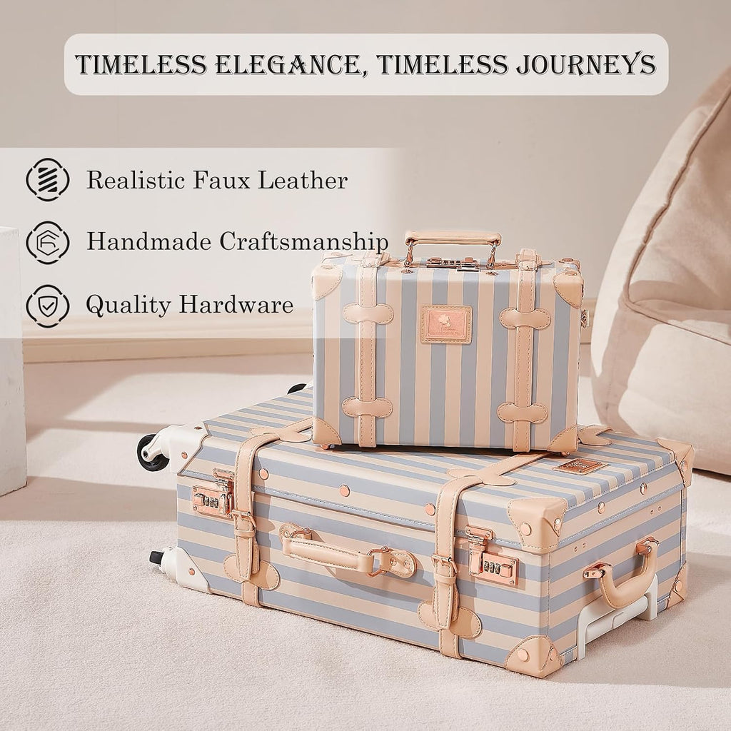 UNIWALKER Vintage Luggage Set of 3, Retro Spinner Trunk with Combo Lock for Women, Cute Designer Travel Suitcase Set with Train Case (26'+20'+12',blue strip)