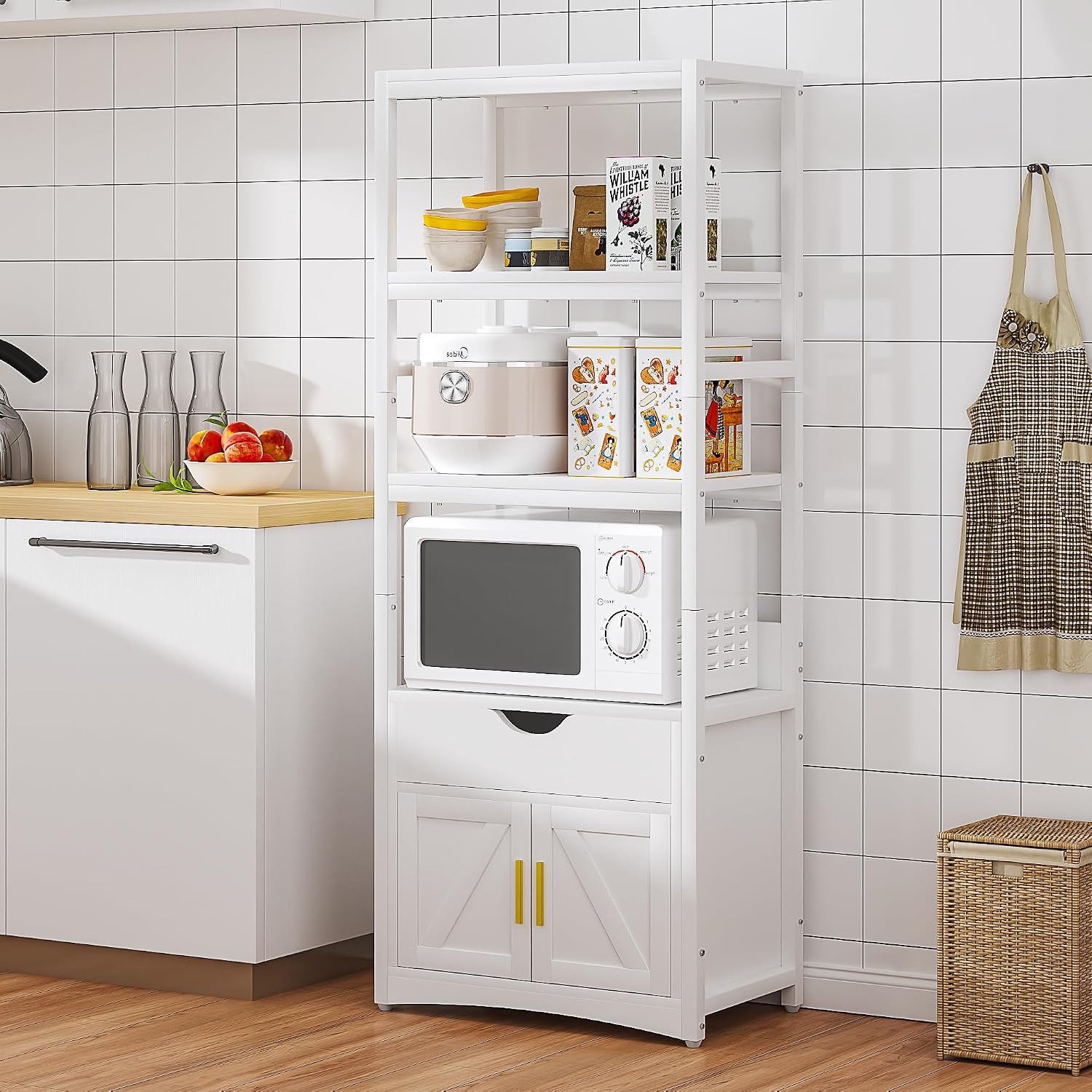 VECELO 3-Tier Microwave Stand with Power Outlet & USB Ports, 15.5' Deep Kitchen Pantry Cabinet, Fits 1.0 Cu.Ft Microwave, Farmhouse Coffee Bar Storage for Kitchen, Bright White