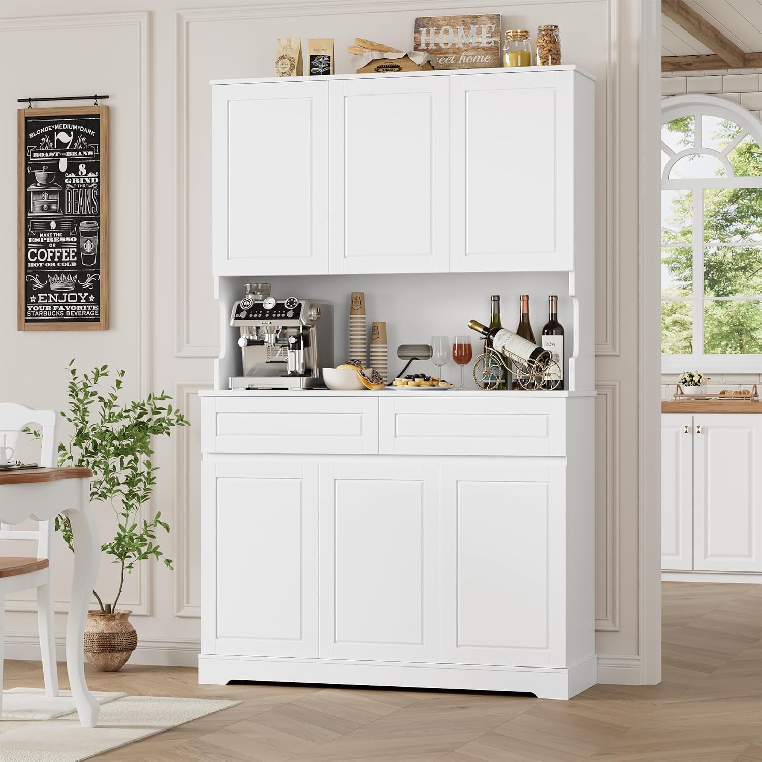 FACBOTALL 74' Pantry Cabinet, Tall Kitchen Pantry Cabinet with 6 Doors and 2 Drawers, Kitchen Hutch with Wide Countertop, Modern Kitchens Cupboard with Adjustable Shelves and Charge Holes, White