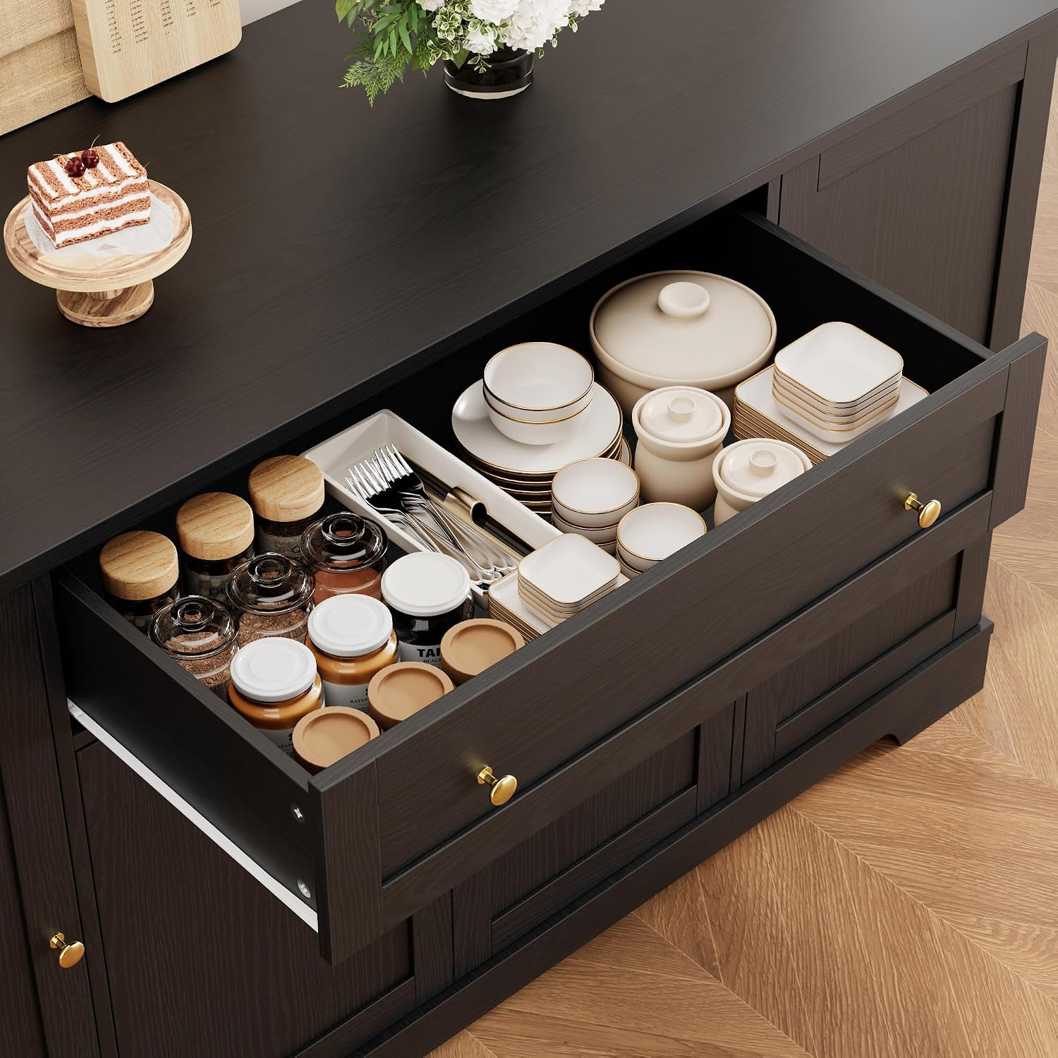 HITHOS 54' Buffet Cabinet with Storage, Modern Kitchen Buffet Sideboard with Drawer, Wood Coffee Bar with Adjustable Shelves, Kitchen Storage Cabinet for Living Room, Black