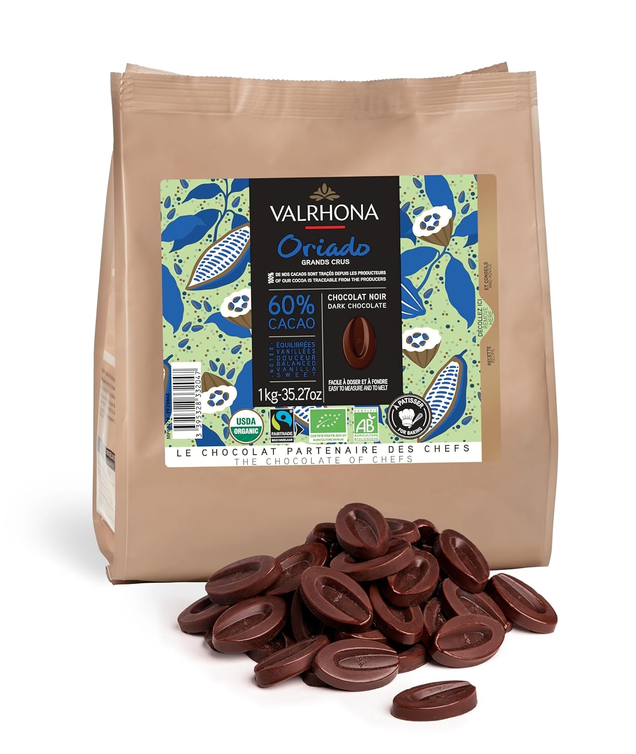 Valrhona Premium French Baking Dark Chocolate Discs (Feves). ORIADO 60% Cacao. Organic and Fair Trade. Easy Tempering. Creamy and Balanced. For Brownies, Cakes, Mousses, and Frostings 1kg (Pack of 1)