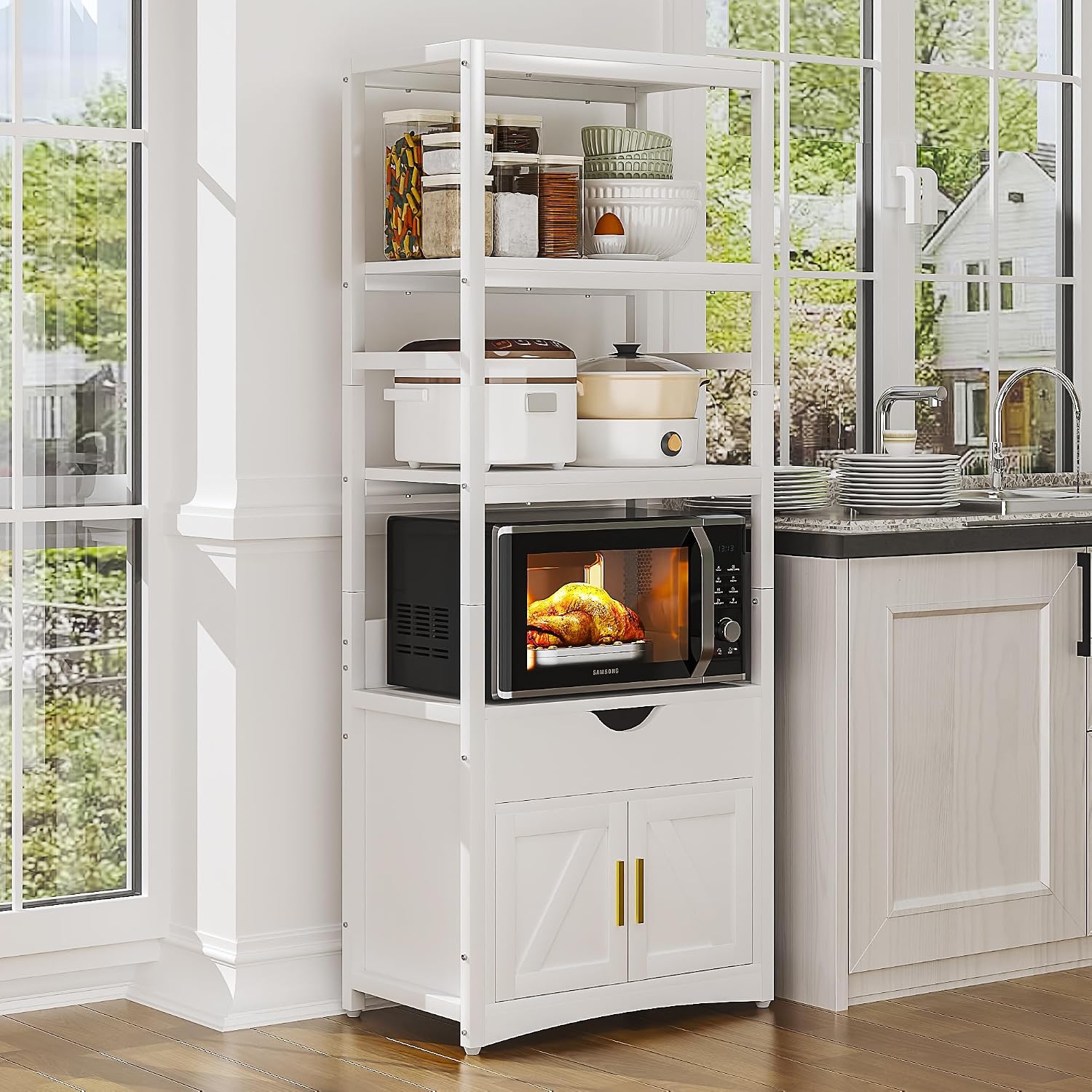 VECELO 3-Tier Microwave Stand with Power Outlet & USB Ports, 15.5' Deep Kitchen Pantry Cabinet, Fits 1.0 Cu.Ft Microwave, Farmhouse Coffee Bar Storage for Kitchen, Bright White