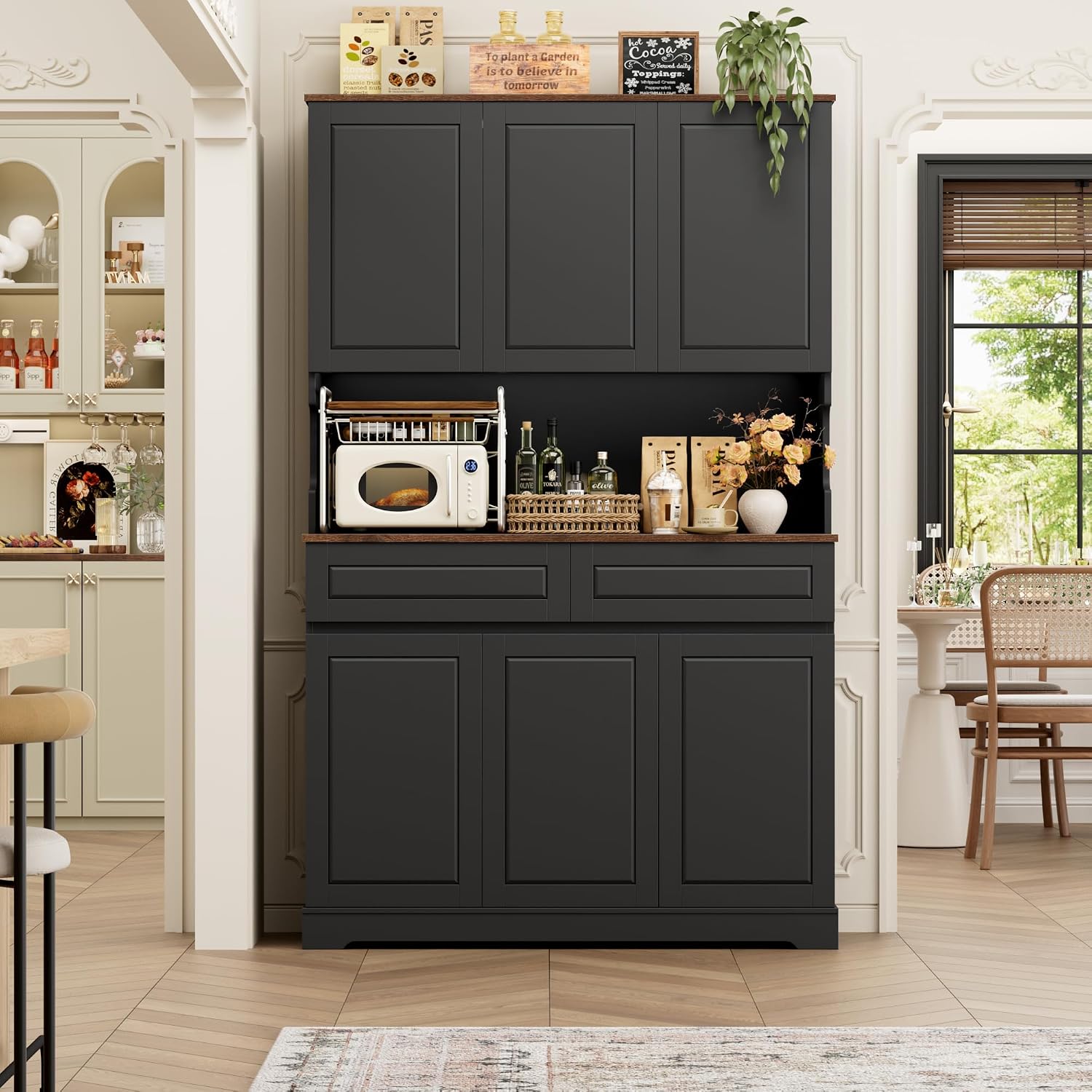 FACBOTALL 74' Pantry Cabinet, Tall Kitchen Pantry Cabinet with 6 Doors and 2 Drawers, Kitchen Hutch with Wide Countertop, Modern Kitchens Cupboard with Adjustable Shelves and Charge Holes, Black