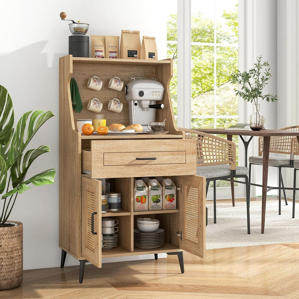 Giantex 45.5' Kitchen Pantry Cabinet, Buffet Sideboard w/Hutch, PVC Rattan Door, DIY Pegboard, Drawer, Adjustable Shelf, Metal Legs, Microwave Stand, Wood Storage Cabinet for Coffee Bar Kitchen (Oak)