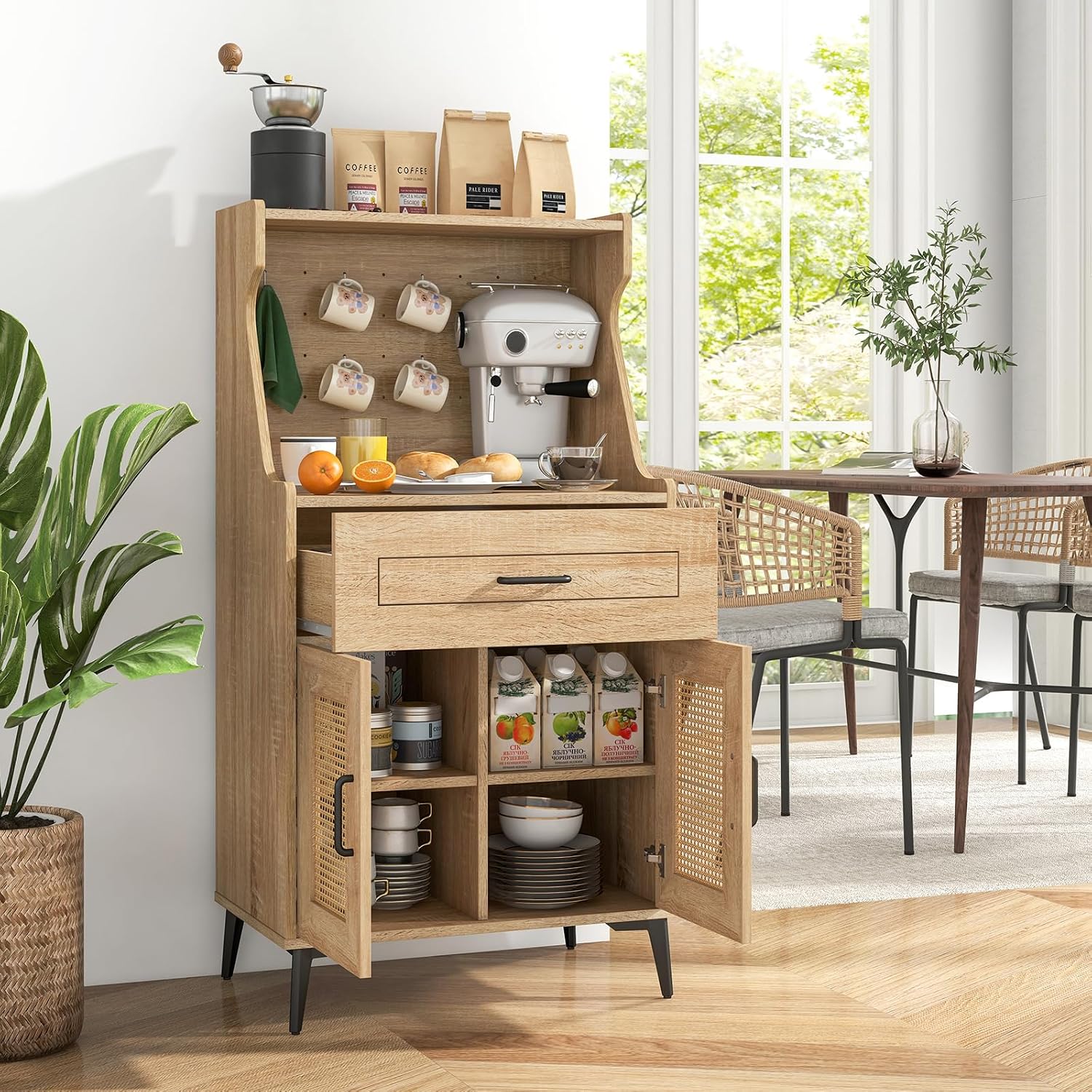 Giantex 45.5' Kitchen Pantry Cabinet, Buffet Sideboard w/Hutch, PVC Rattan Door, DIY Pegboard, Drawer, Adjustable Shelf, Metal Legs, Microwave Stand, Wood Storage Cabinet for Coffee Bar Kitchen (Oak)