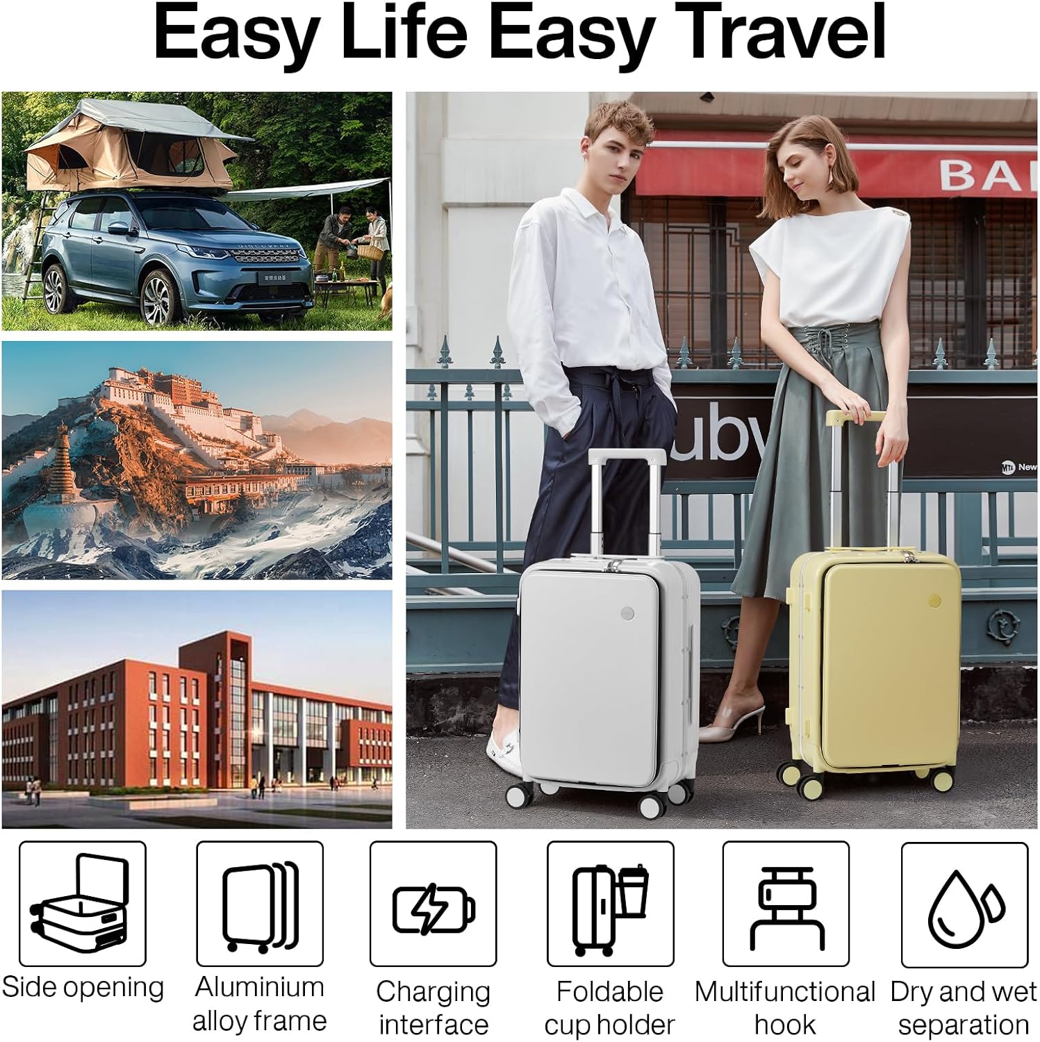 mixi Checked Luggage with Cup Phone Holder and Charger Hard Shell Suitcases with Spinner Wheels, 24 Inch Lark Yellow