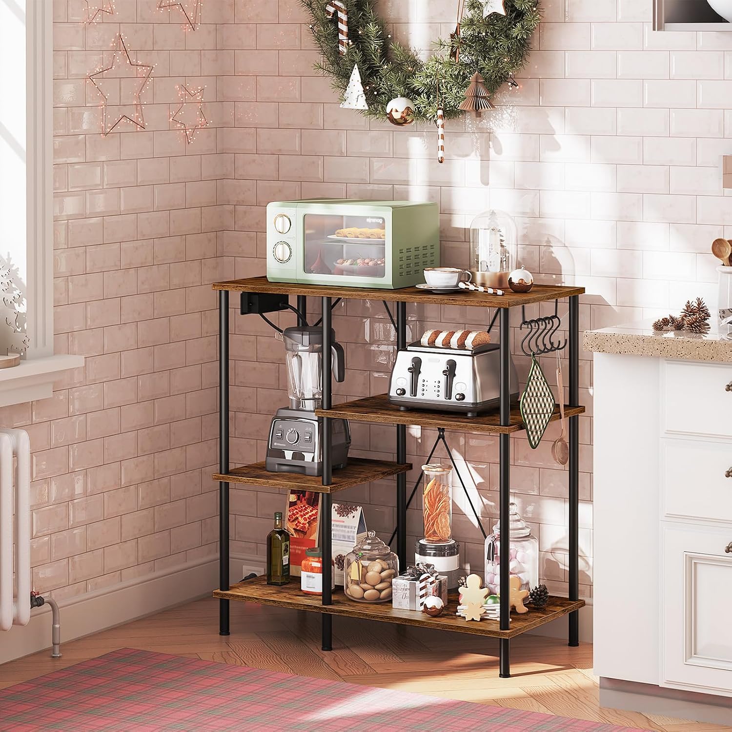 HOOBRO Bakers Rack with Power Outlet and Microwave Stand with 5 S-Shaped Hooks, 35.4 Inches Coffee Bar with Mesh Basket, Coffee Bar Kitchen Storage Shelf, Rustic Brown and Black BF05HB01-BF07UHB01