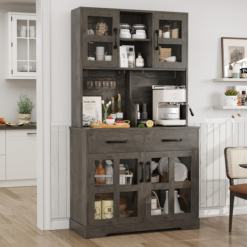 71' MDF Freestanding Storage Cabinet, Kitchen Storage Bakers Rack with 3AC+2USB Charging, Utility Food Cupboard with 2-Row Wine Racks for Kitchen Dining Living Room, Dark Oak