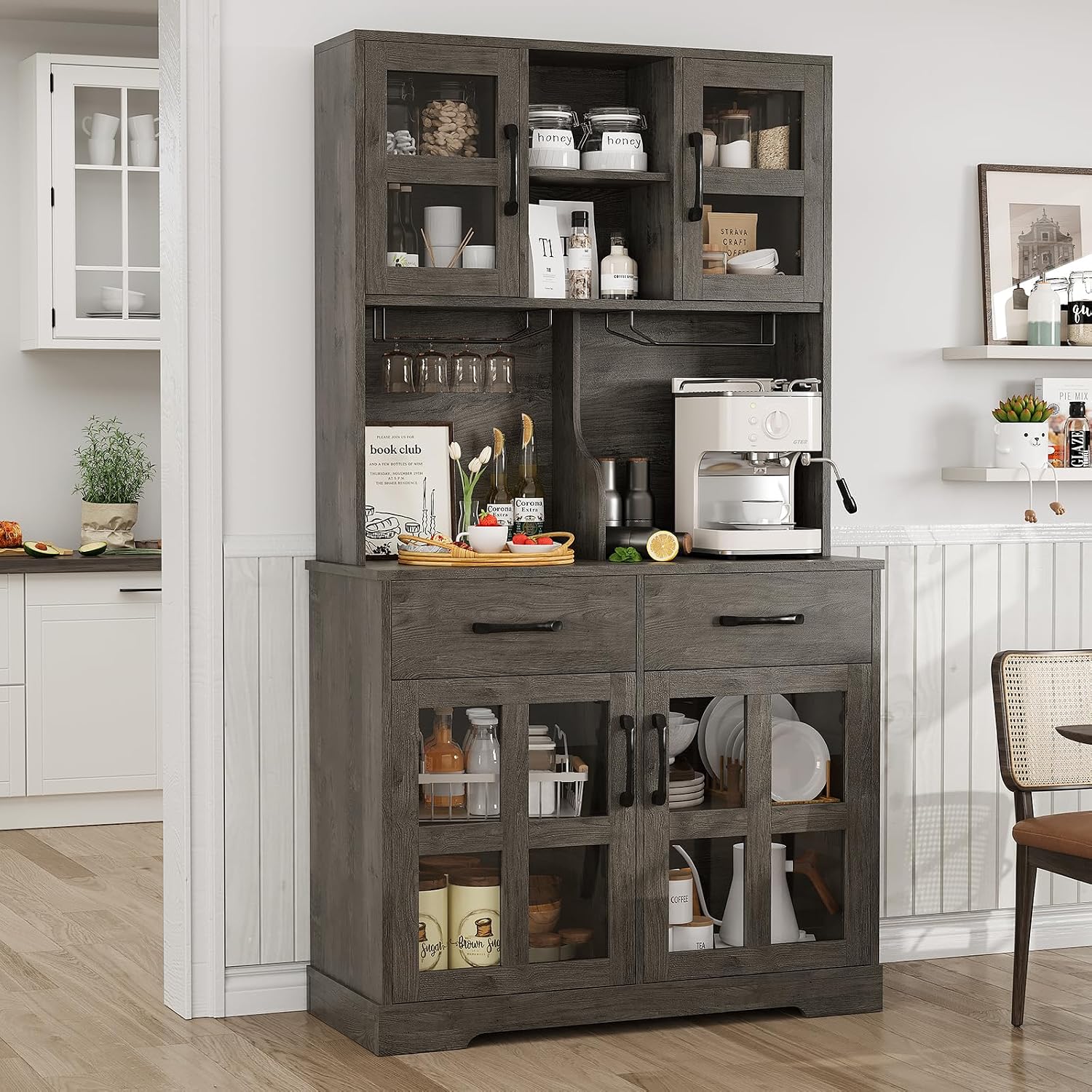 71' Built-in Charging Freestanding Storage Cabinet, Kitchen Storage Bakers Rack with 2-Row Wine Racks, Utility Food Cupboard with Ample Storage for Home, Dark Oak