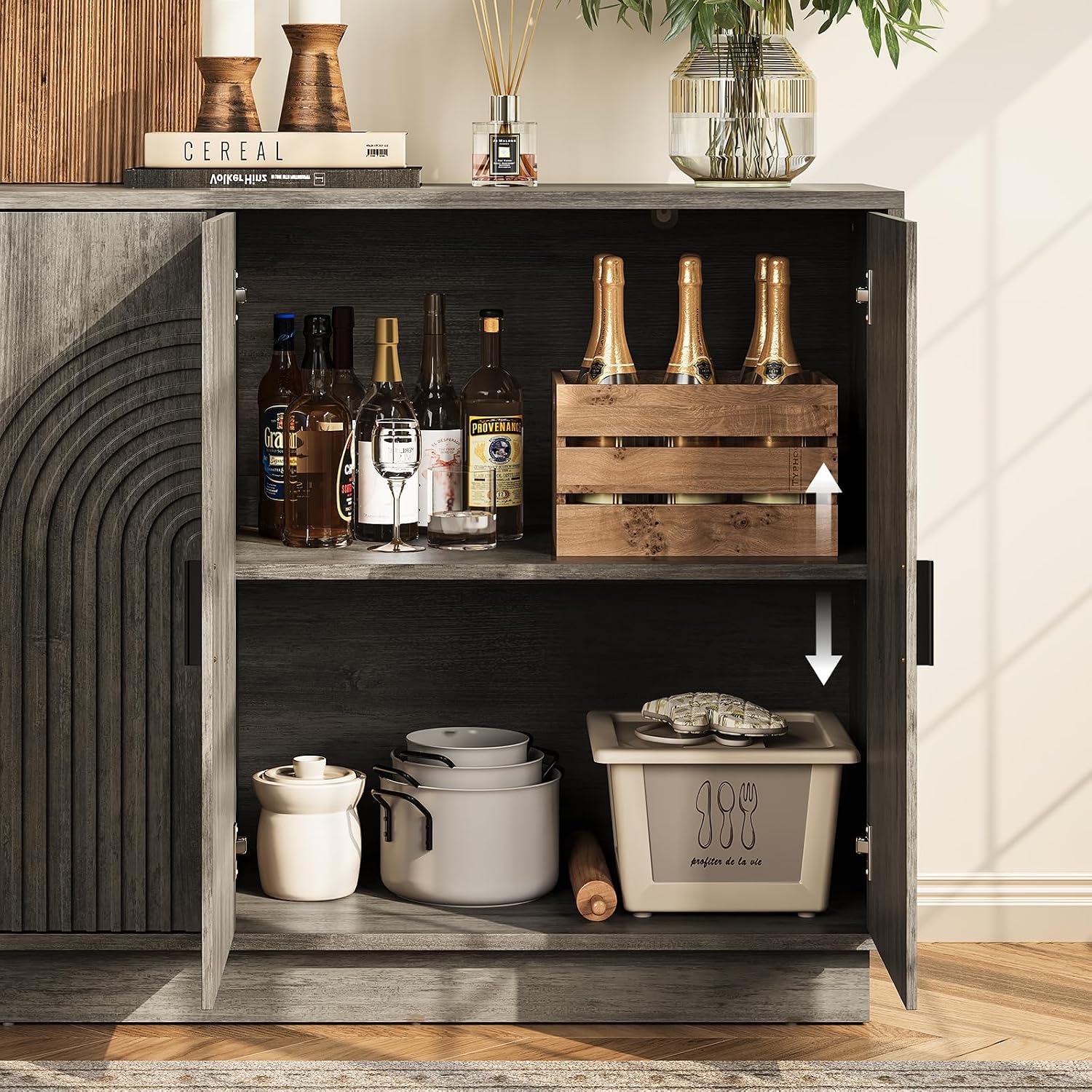 Fluted Sideboard Buffet Cabinet with Storage - 57' Credenza Coffee Bar Cabinet with 4 Doors, Accent Kitchen Storage Cabinets with Adjustable Shelves for Living & Kitchen, Entryway, Modern