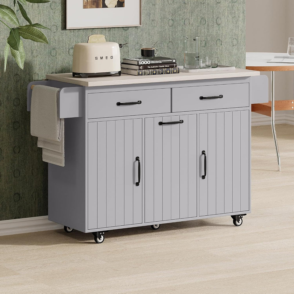 Farmhouse Kitchen Island with Trash Can Storage Cabinet, Kitchen Cart with Drop Leaf, Spice Rack, Towel Rack and Drawer, Rolling Kitchen Island on Wheels with Adjustable Shelf (Grey1)