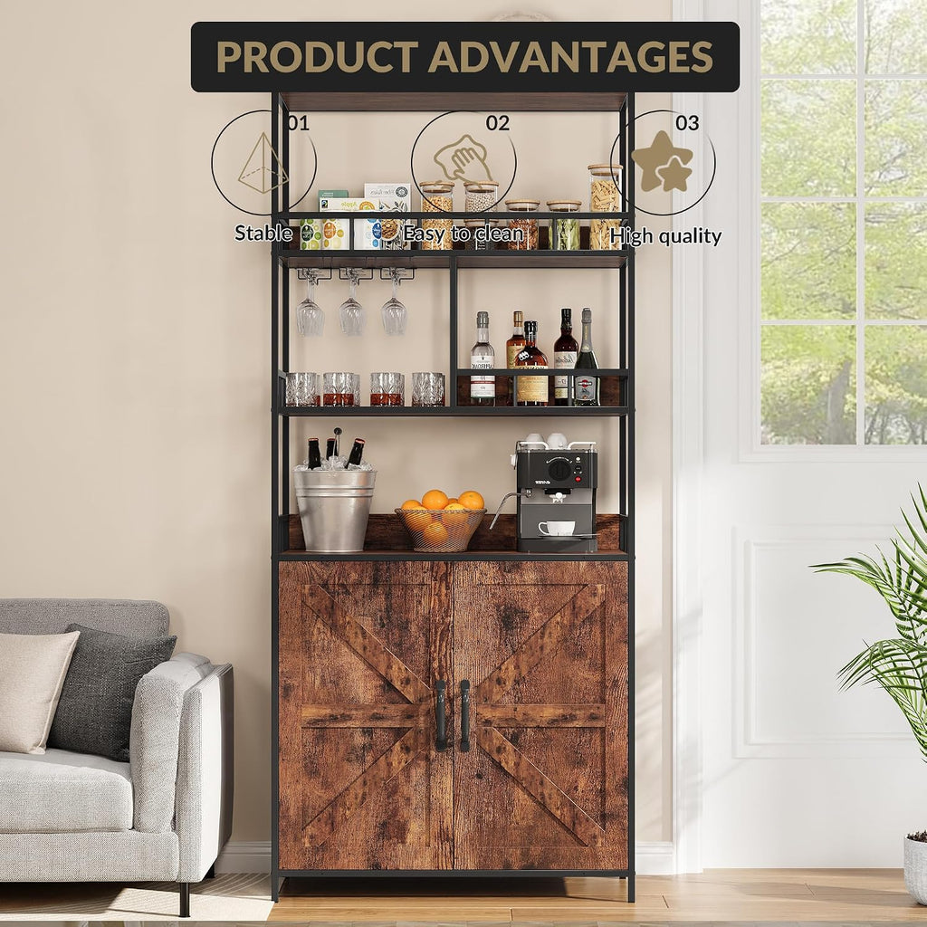 70.8' Tall Bar Cabinet, 5 Tier Storage Cabinet, with Wine Rack & Bakers RackKitchen Pantry Microwave Stand, Freestanding Liquor Cabinet & Coffee Bar Hutch for Dining Room, Living Room