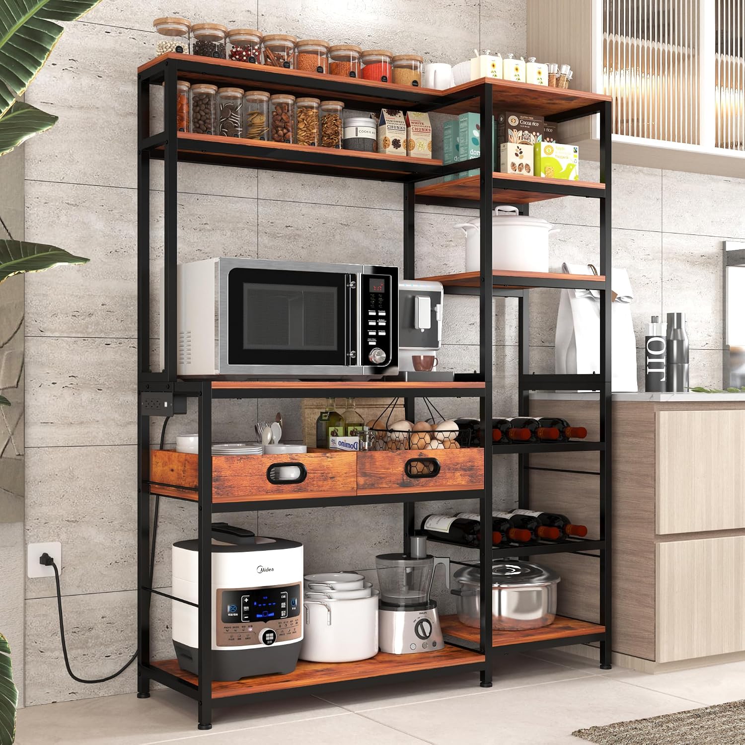 Large Bakers Rack with Power Outlet,49.6 Inch Farmhouse Coffee Bar with Tray, Kitchen Microwave Stand with Storage, Shelf Rack(Rustic Brown)