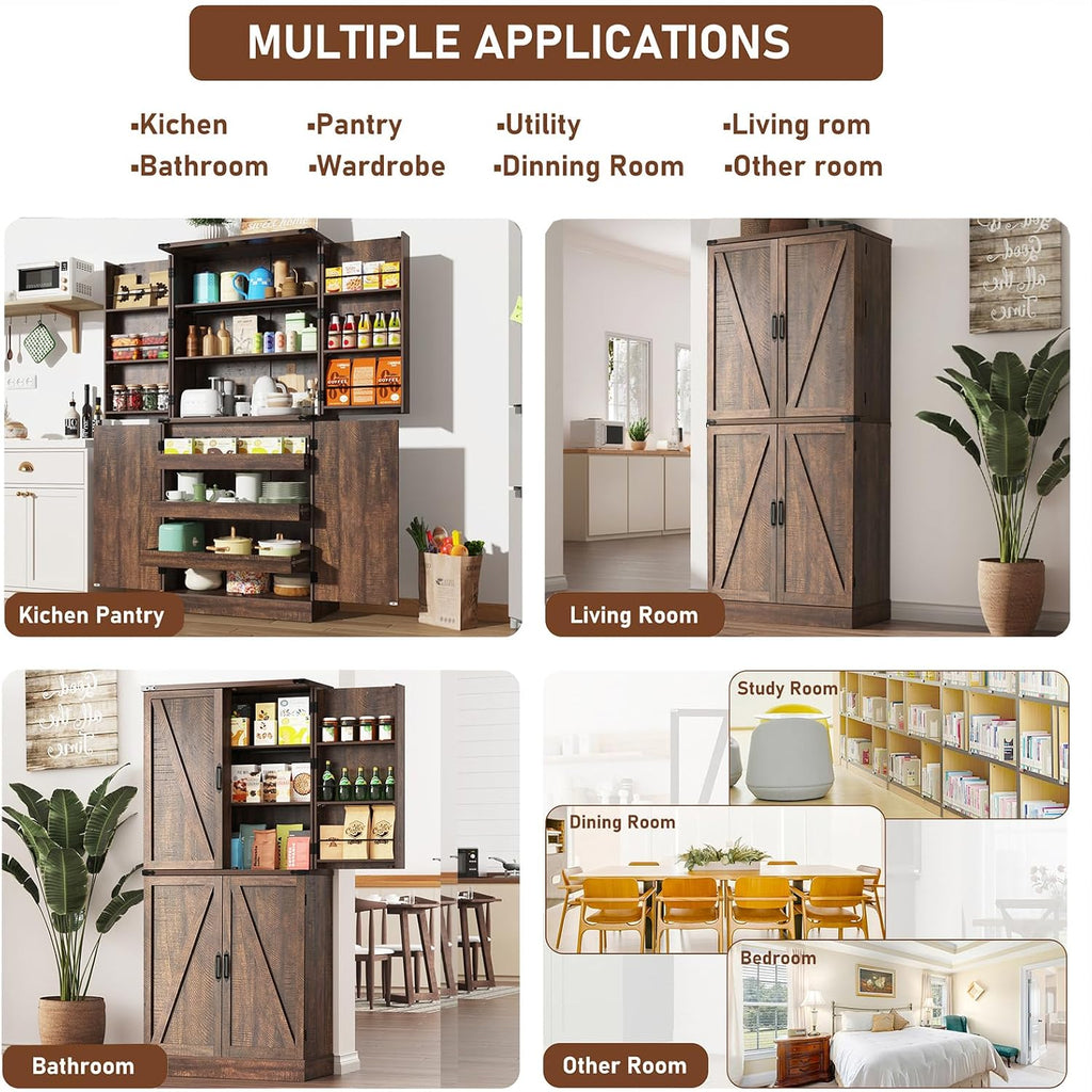 Hlivelood Farmhouse Kitchen Pantry Cabinet with 3 Drawers,71' Tall Rustic Wood Storage Cabinet with 6 Door Shelves,with Load-Bearing Steel Pipe,Pantry Organizers for Kitchen,Dining Room(Rustic Brown)